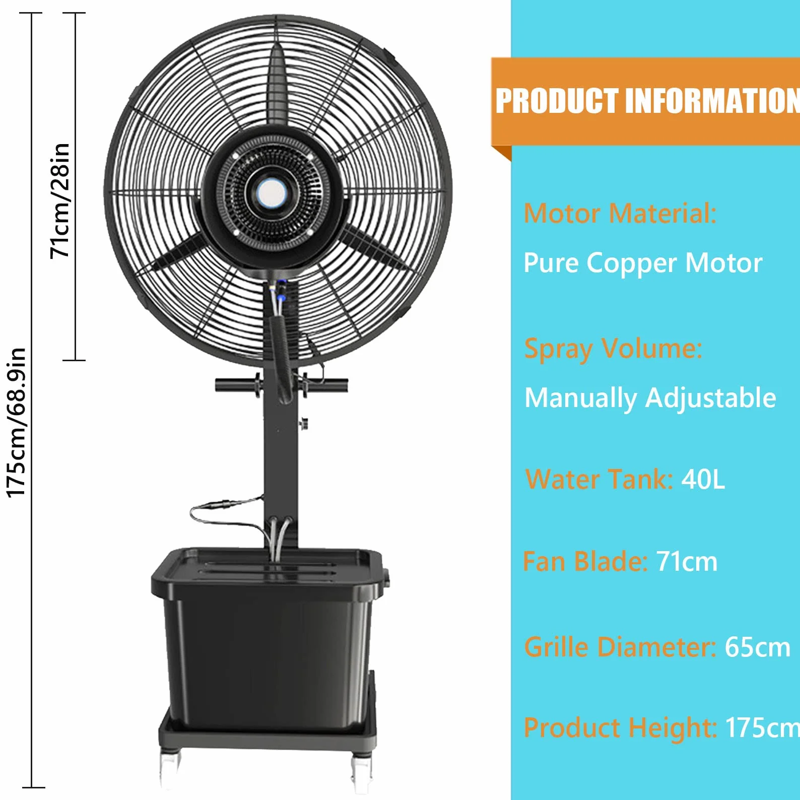 Wentylator mgiełkowy, wentylator kolumnowy oscylacyjny 90° do chłodzenia komercyjnego, zbiornik 42 l, 3 prędkości, Fan blade650mm