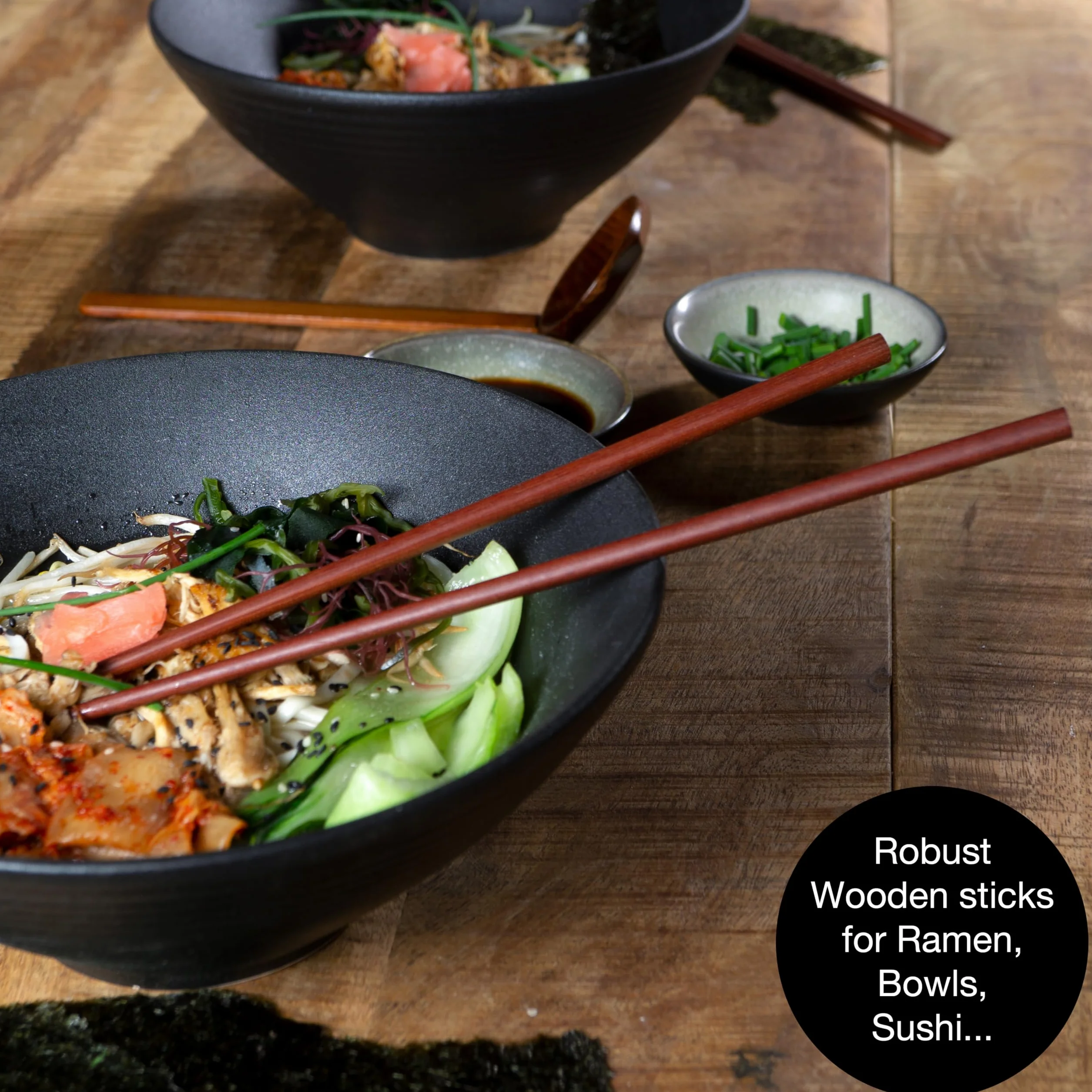 Moritz & Moritz 2 x Ceramiczna Miska Ramen - 800-1300 ml - 24 cm Ø - Czarny Zestaw dla 2 Osób - Do Zupy, Pho i Sushi Bowl - Z Pałeczkami i Łyżeczką