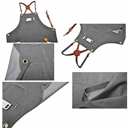 Fartuchy dżinsowe dla kobiet z kieszeniami Fartuch roboczy dla mężczyzn Fartuch szefa kuchni Cross Back Regulowany do hotelu Barista