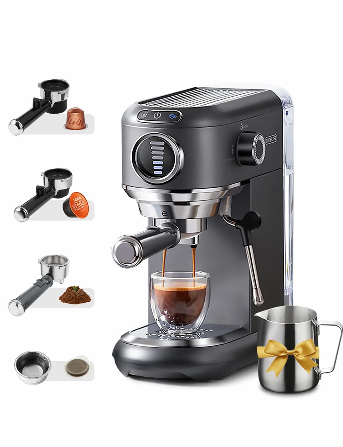 CAFELFFE MK-601F Ekspres do kawy espresso 4 w 1 na kapsułki, z prętem parowym i dzbankiem na mleko, parzona na gorąco/zimno, Nes Original/DG/44 mm ESE Pods/mielona, kompatybilny, do domu/biura, stal