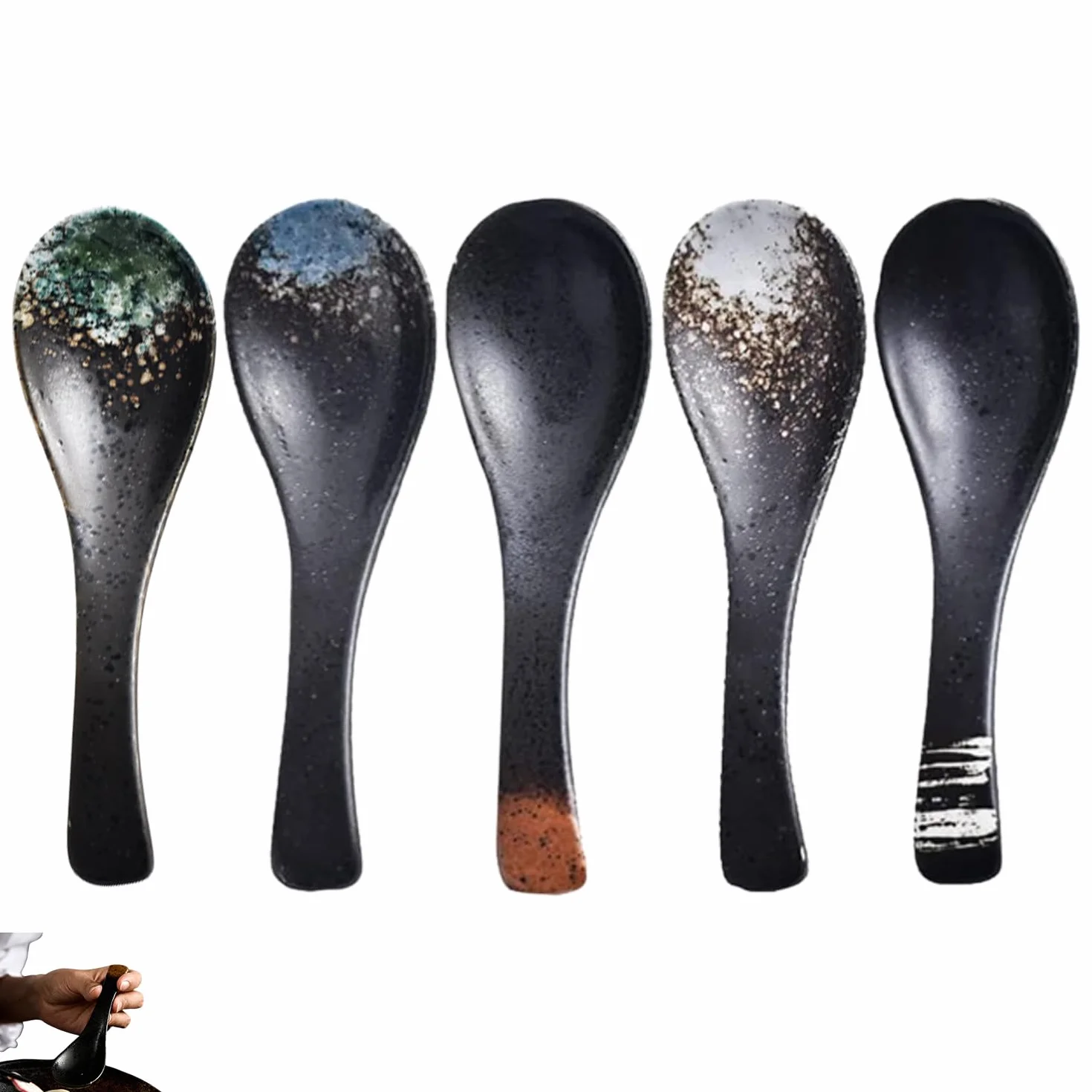 5 sztuk ceramicznych łyżek, retro chińskie łyżki do zupy ramen japońskie łyżki do zupy, azjatycki ramen makaron sztućce, sztućce do gospodarstwa domowego, łyżka do zupy (czarne)