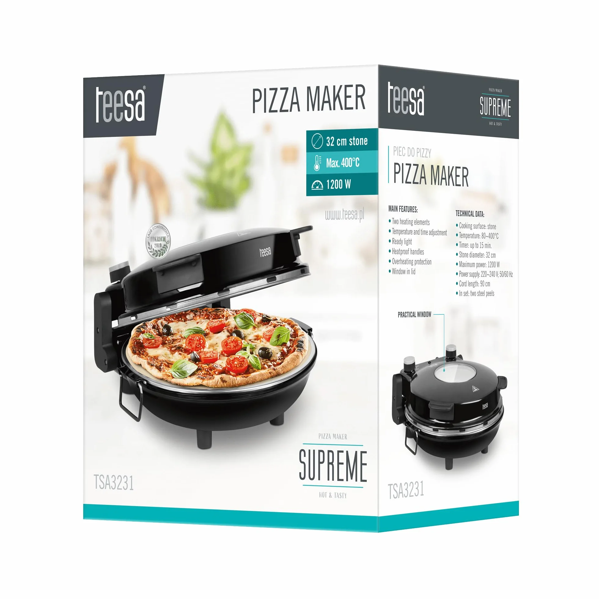 Teesa Domowy Piec do Pizzy SUPREME Moc 1200W Regulacja Temperatury 80-400°C Średnica Kamienia 32 cm Okno w Pokrywie TSA3231