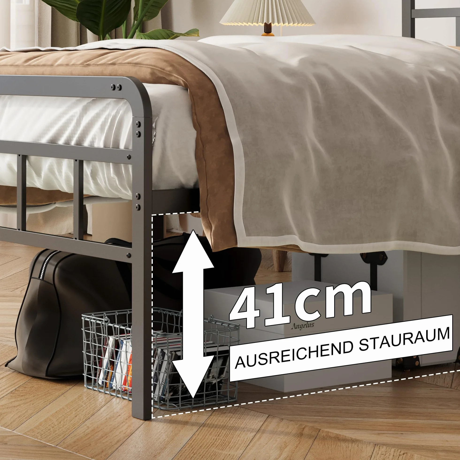Yicensen Metalowa ramka łóżka 140x200 cm z zegarzkiem i poduszkiem łóżka, ramka metalowa o wysokości 46 cm z mocnym wspornikiem, miejsce na magazynowanie pod łóżkiem