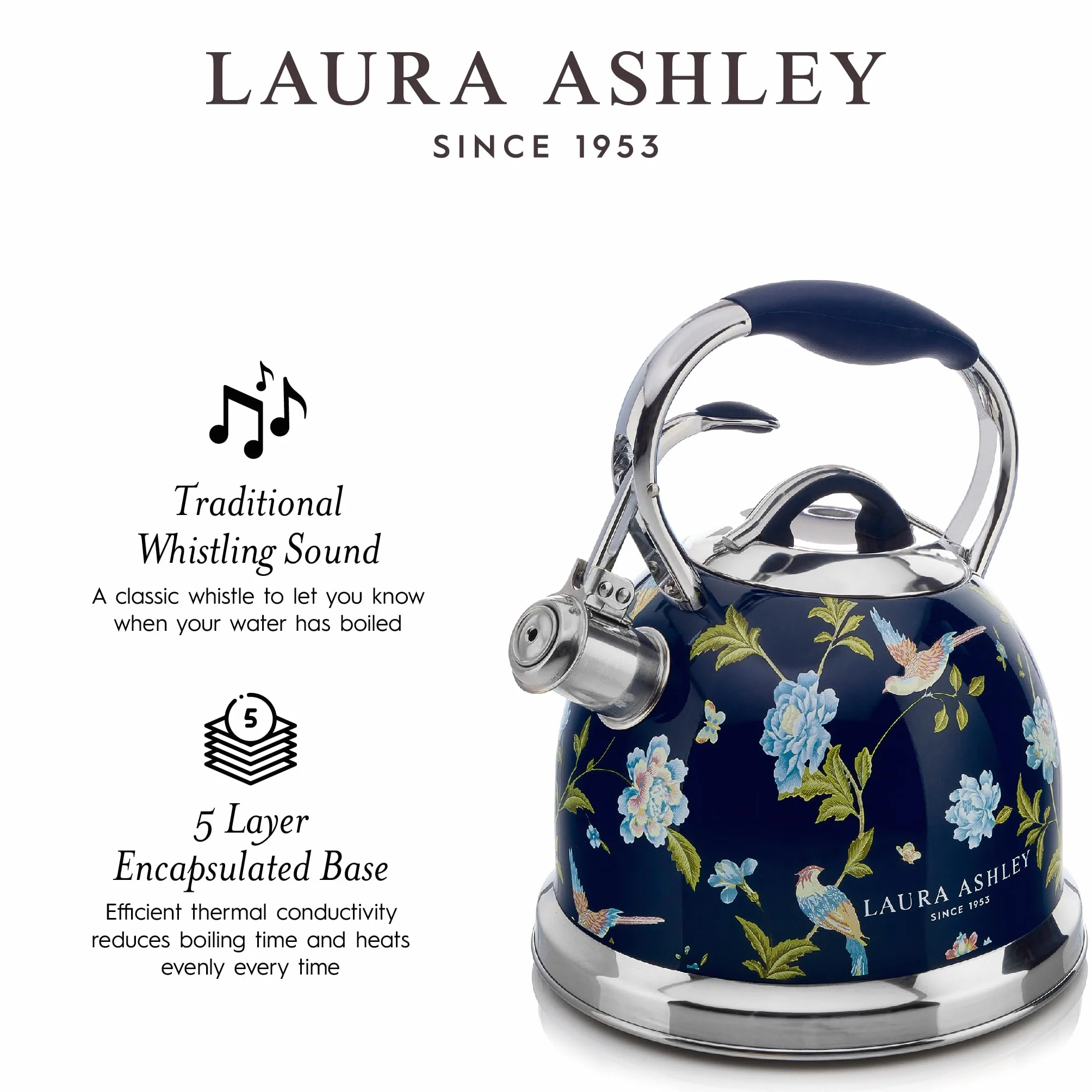 Laura Ashley Elveden Granatowy Czajnik Indukcyjny 2.5 Litry od VQ - Gwizdający Czajnik Szybko Gotujący na Kuchenkę Gazową, Indukcyjną lub Inne Kuchenki z Mechanizmem Przyciskowym