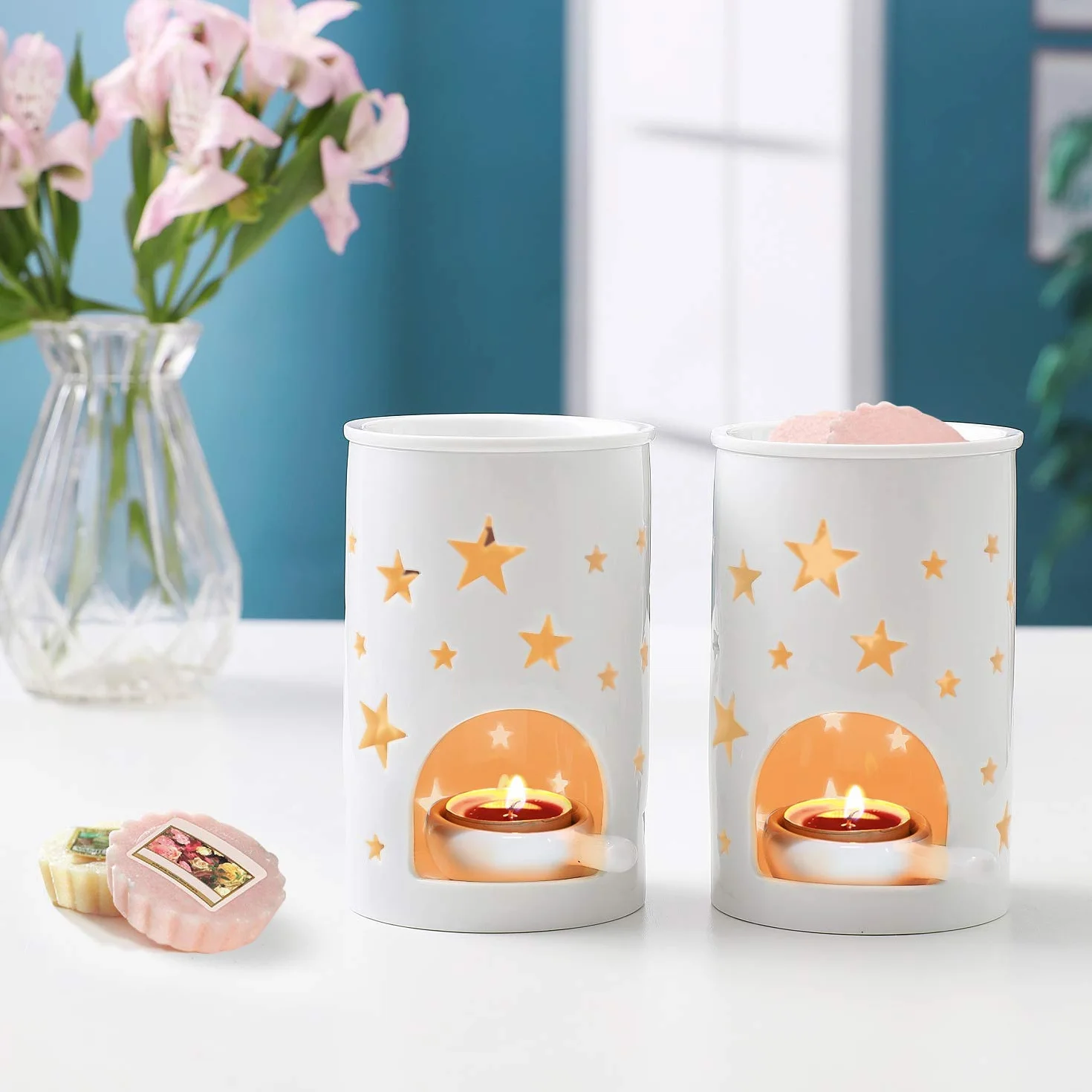 ComSaf Palniki olejne ceramiczne uchwyty do wosku zestaw 2 - wzór gwiazdy, piękny aromaterapia palnik olejków eterycznych lampa zapachowa dyfuzor świeca podgrzewacz świecznik dom sypialnia dekoracja Boże Narodzenie prezent na parapetówkę