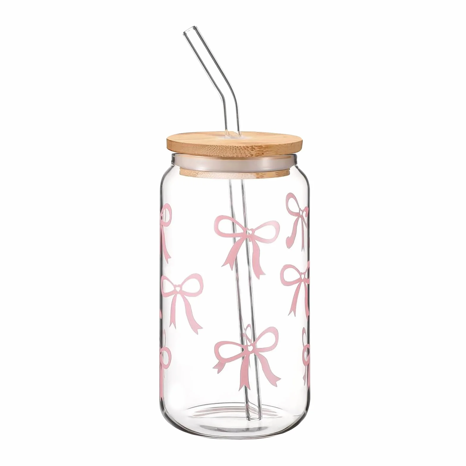 Szklany kubek do picia z pokrywką i słomką, szklany kubek Bow o pojemności 473 ml, szklanka do mrożonej kawy w kształcie puszki, różowa kokardka, uniwersalna szklanka do herbaty bąbelkowej