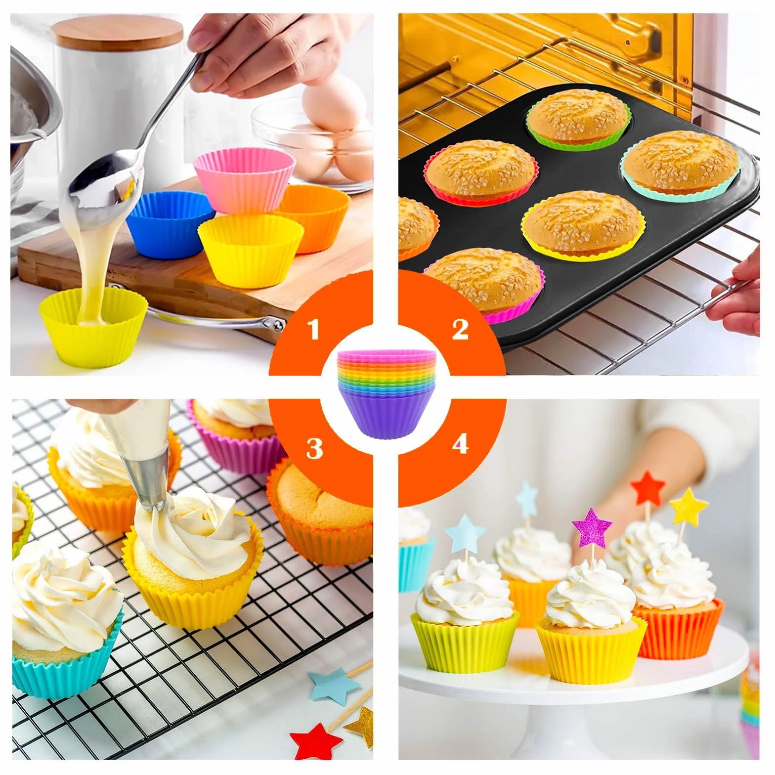 12 Silikonowych Foremek do Muffinek, OkrąGłE, Wielokrotnego UżYtku Z Silikonu, Z PowłOką ZapobiegająCą Przywieraniu, Foremki do Pieczenia Babeczek, Muffinek, do Ciast, KremóW I Puddingu, Wielokolorowe