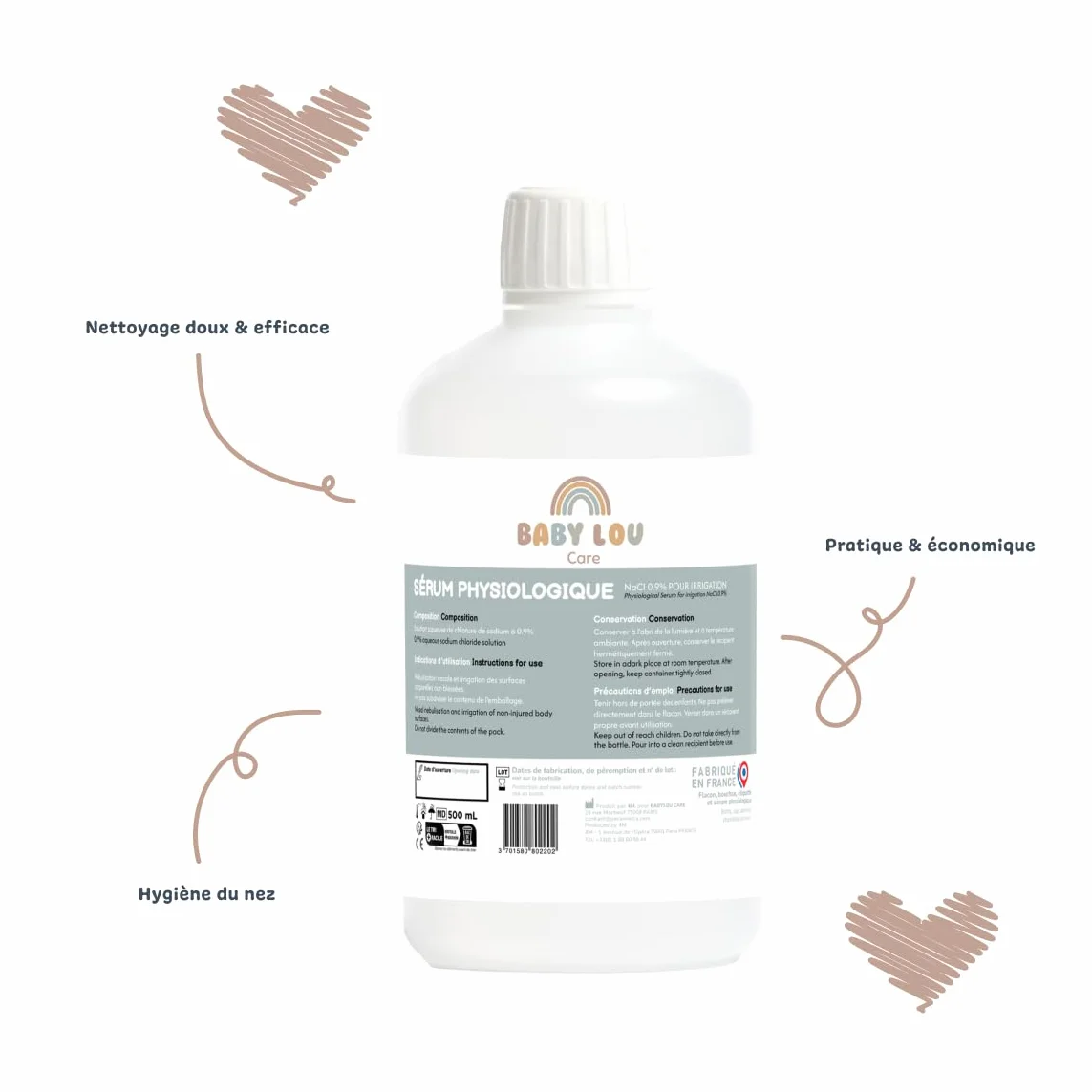Fizjologiczne serum w butelce | NaCl 0,9% | Mycie nosa | Higiena nosa | Do nawadniania zewnętrznego | Wyprodukowano we Francji | 4 x 500 ml