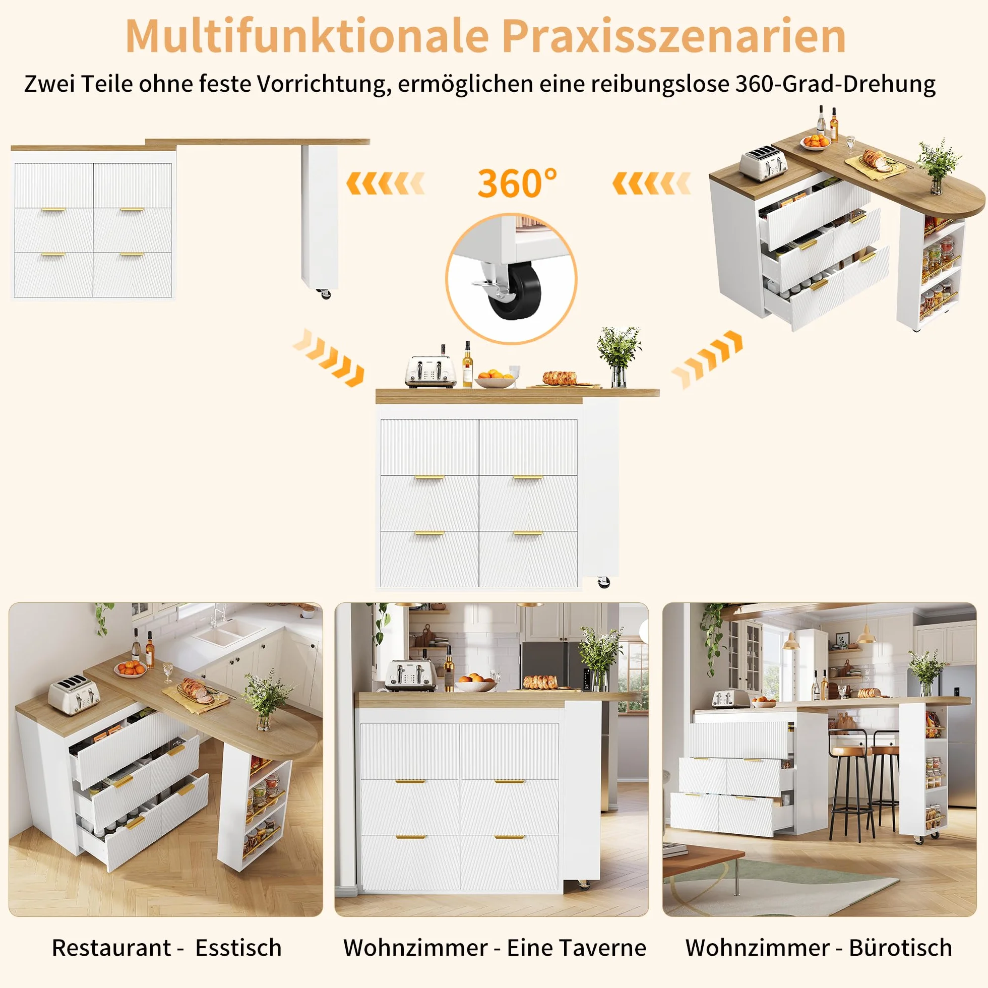 Stolik barowy z 6 szufladami, kredens z obrotowym blatem o 360°, duża przestrzeń do przechowywania, zabezpieczenie przed przewróceniem i wszechstronnym wzornictwem, biały B