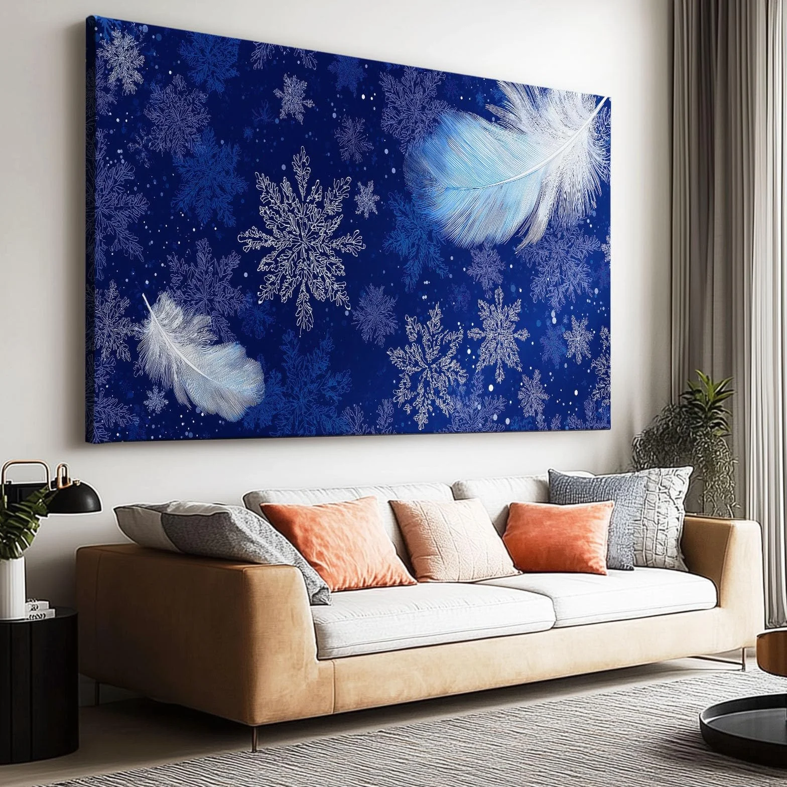 Générique Obraz na płótnie z ramką niebieskie pióra płatki śniegu 90 x 60 cm obraz do dekoracji ścian, obraz ścienny do salonu sypialnia łazienka dom, obraz dekoracyjny