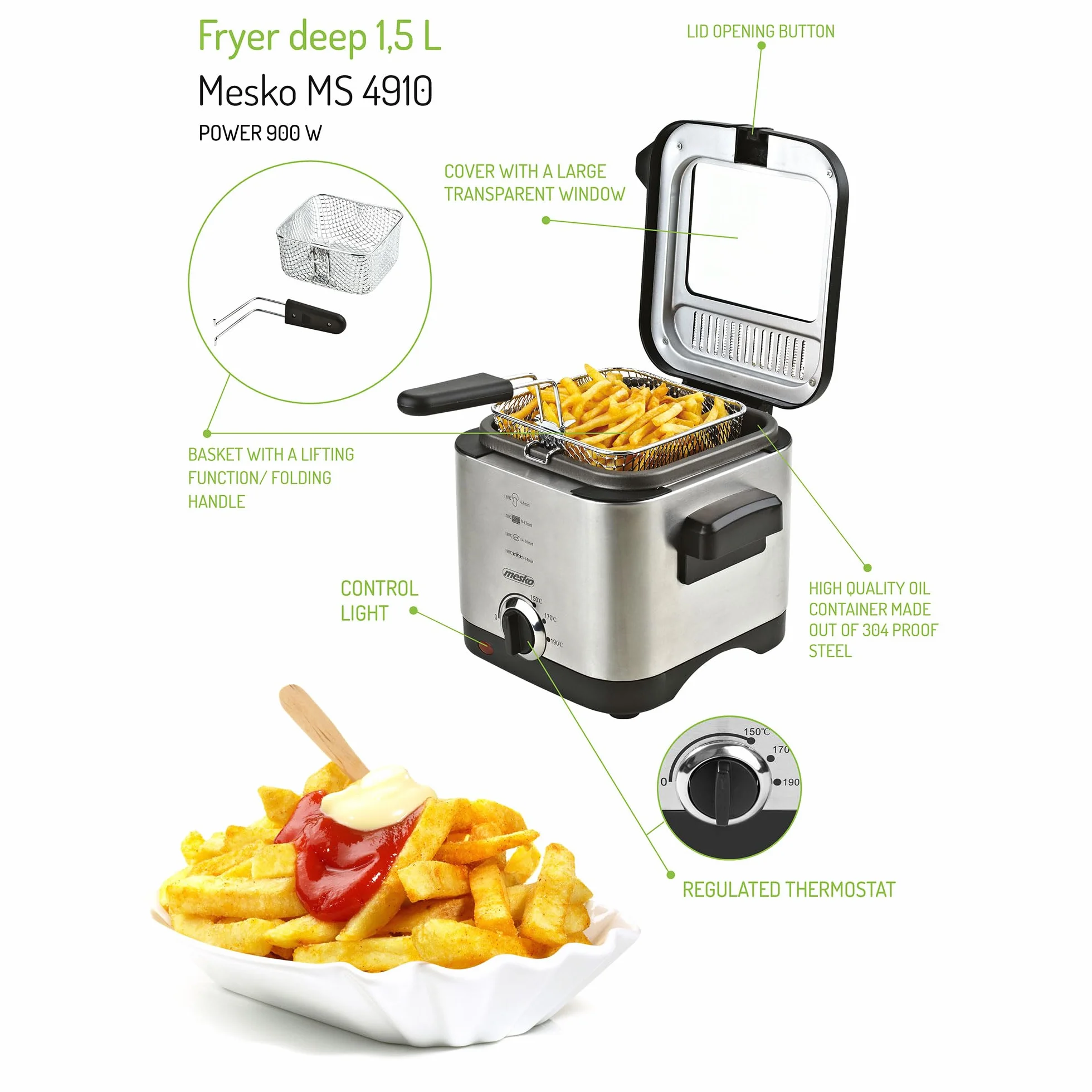 Adler frytkownica do głębokości 1,5 litra o mocy 900 W MS 4910, srebrna