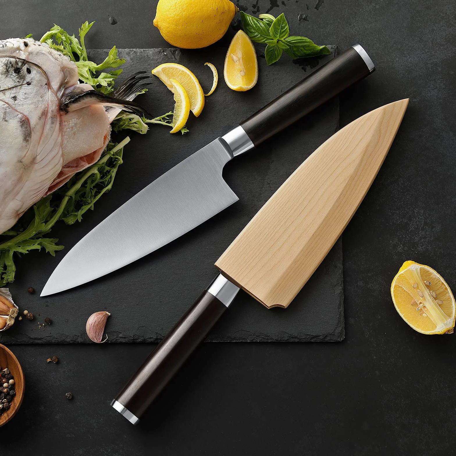 XINZUO 18 cm Deba nóż ze stali nierdzewnej X8Cr14MoV, japoński nóż sashimi do sushi, pojedyncze ostrze, nóż szefa kuchni, profesjonalny nóż do ryb, uchwyt hebanowy, z pochwą z drewna brzozowego