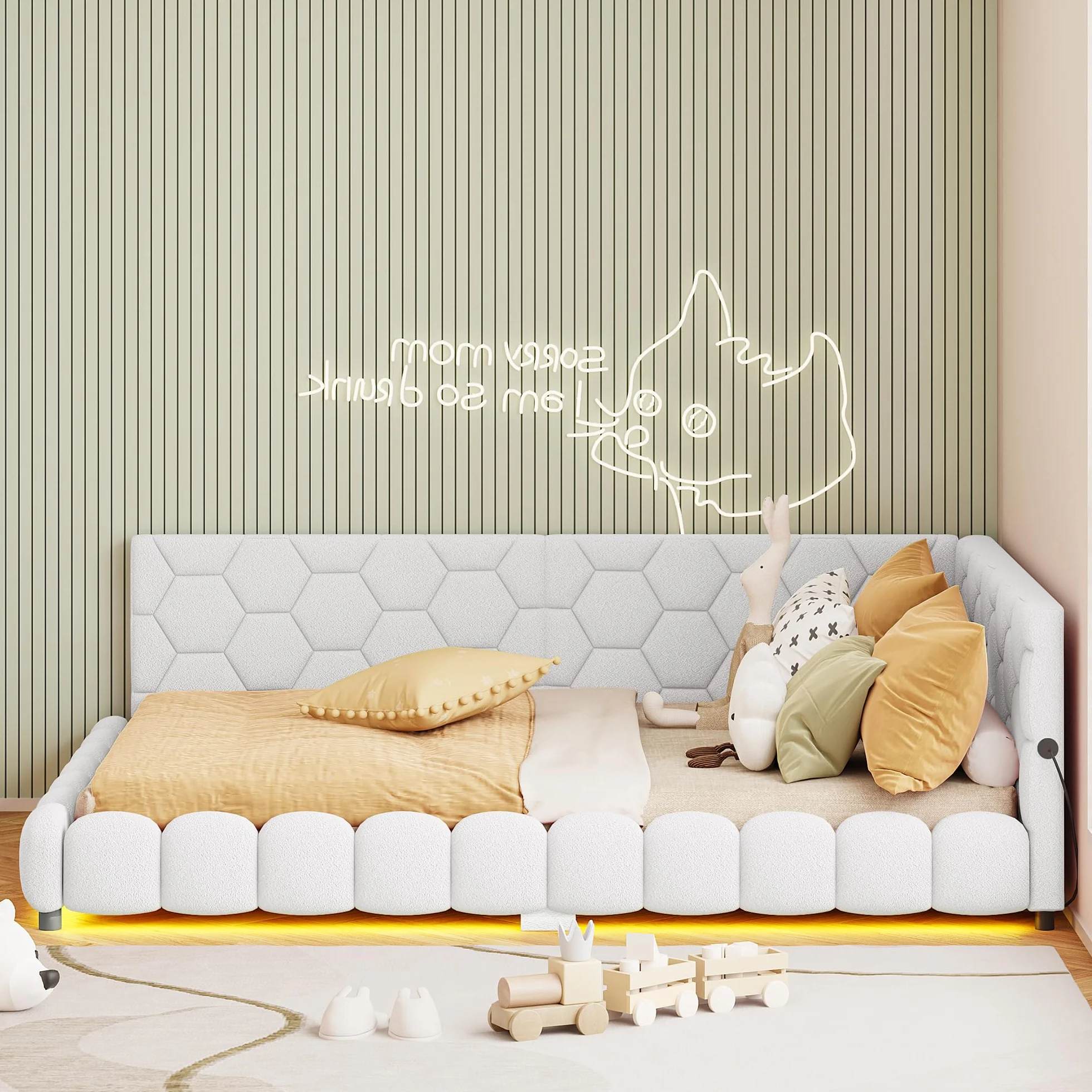 Łóżko tapicerowane z funkcją spania 140 x 200 cm z oświetleniem LED, łóżko dzienne ze stacją ładującą USB & Type-C, łóżko młodzieżowe w kształcie litery L, stelaż łóżka, bez materaca