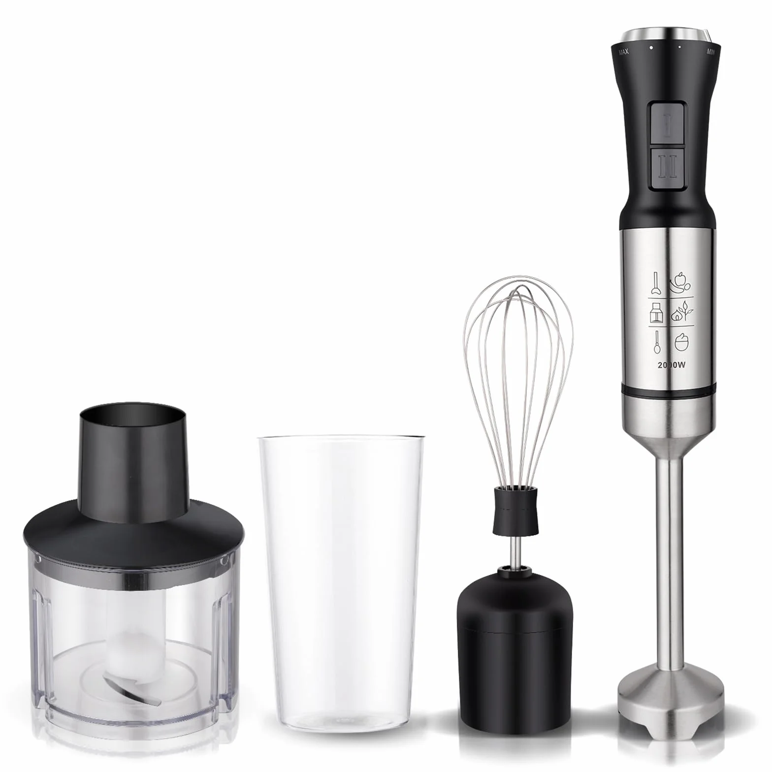 Ręczny blender 4 w 1, mocny blender emulsyjny ze stali nierdzewnej o mocy 1000 W, ręczny z 2-stopniową regulacją, zawiera miarkę, rozdrabniacz i trzepaczkę, idealny do miksowania zup i koktajli