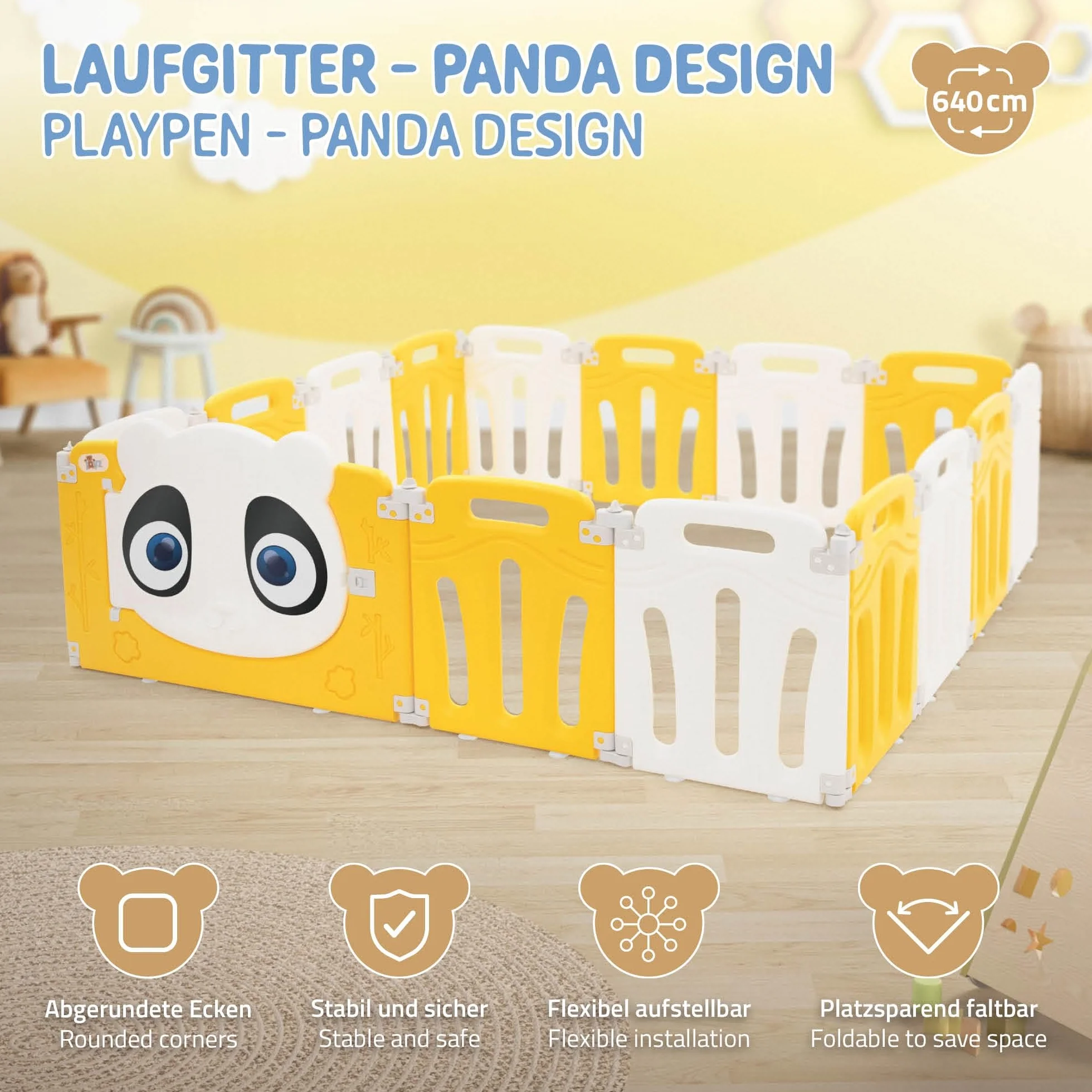 Joyz Kojec Dzieciecy 160×160 cm Skladany Plac Zabaw Panda Bialo-Zólty Plastikowa Barierka z Drzwiczkami i Zegarem Edukacyjnym Ogrodzenie do Pokoju i Ogrodu Bramka Ochronna do Raczkowania Maluchów