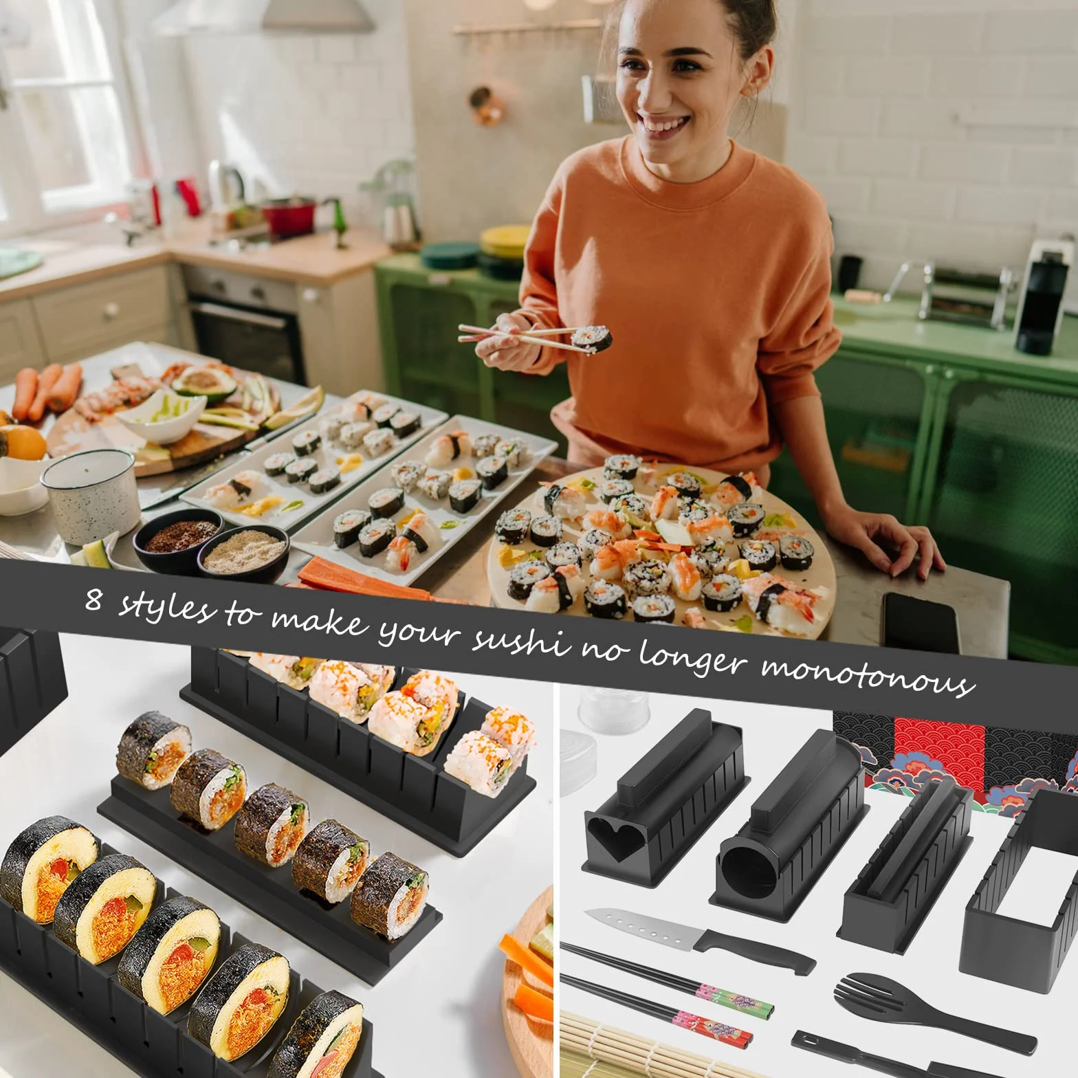 Zestaw do Robienia Sushi, 20 Elementów, Dla Początkujących, Samodzielnego Wykonania, Z Widelcem, Nożem, Matą do Rolkowania, Pałeczkami, Kompletny (Czarny)