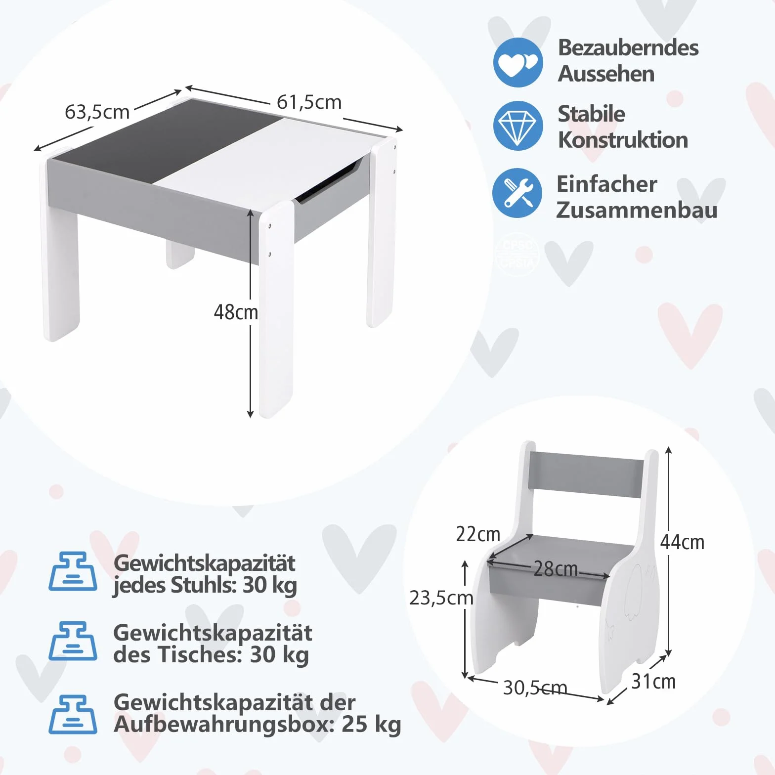 COSTWAY Stolik dziecięcy z 2 krzesłami, 3-częściowy zestaw siedzisk dziecięcych z odwracalnym i zdejmowanym blatem,zestaw siedzisk dziecięcych dla dzieci od 3 lat (jasnoszary)