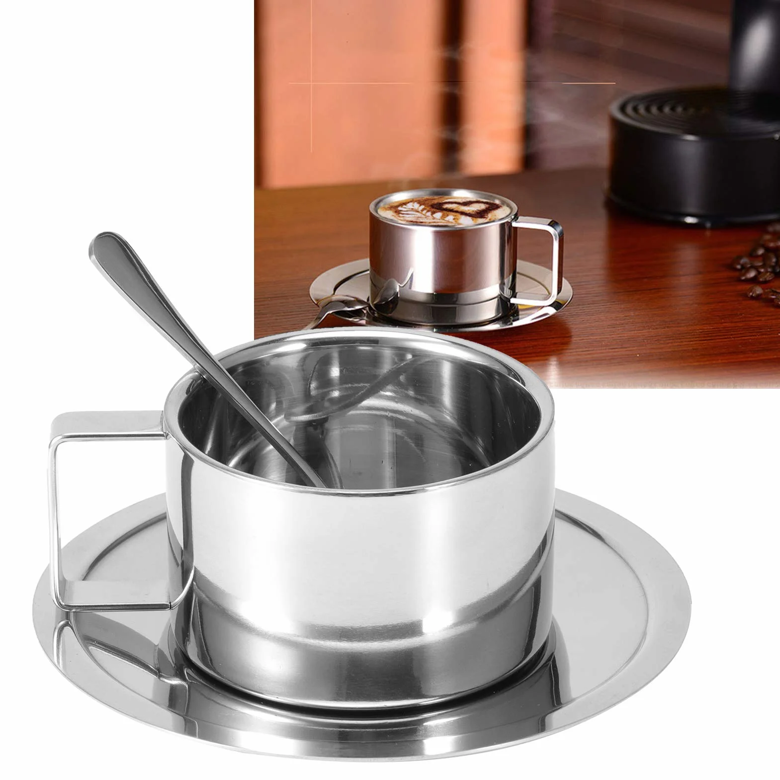 Fyearfly 3 szt./zestaw kubek do kawy ze stali nierdzewnej podwójna ścianka kubek do kawy łyżka spodek zestaw do kawy latte cappuccino espresso przybory kuchenne, srebrny, wykwintny kubek do kawy