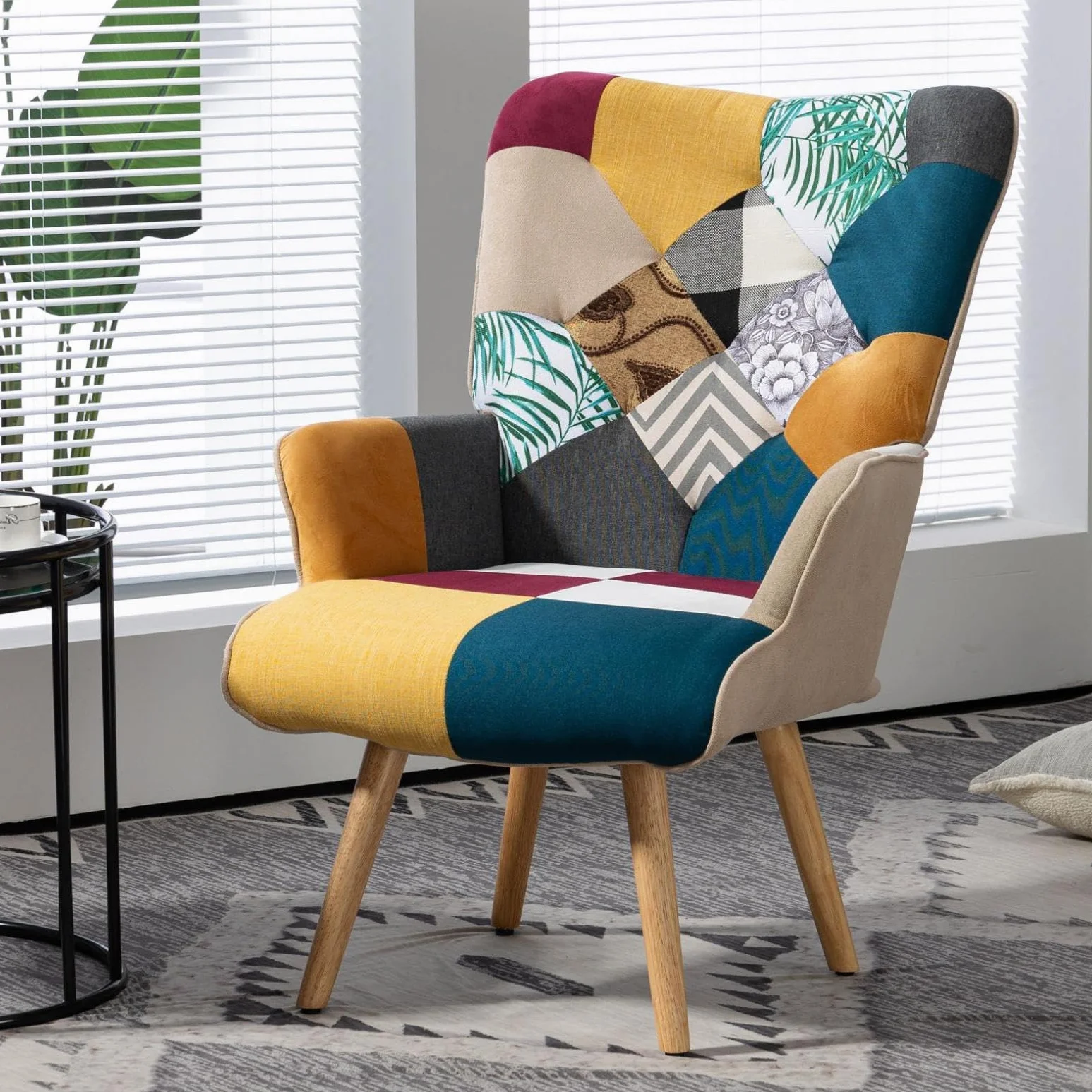 Patchwork fotel relaksacyjny, lniany fotel wypoczynkowy z nóżkami z litego drewna, fotel z uszami do salonu, sypialni, kącik do czytania, wielokolorowy