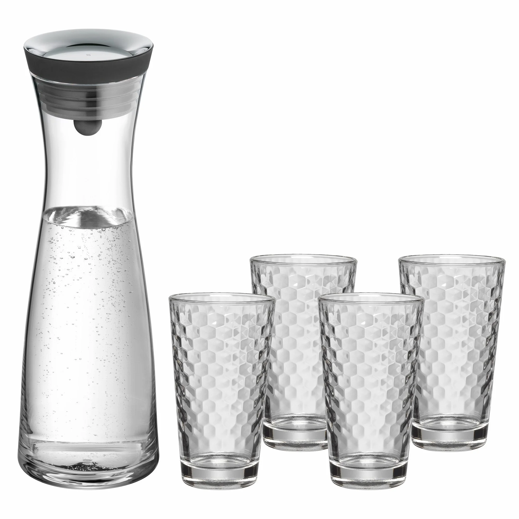 WMF Basic 5-częściowy zestaw karafek na wodę, karafka 1 l z 4 szklankami na wodę 275 ml, szklana karafka z pokrywką, silikonowa pokrywka, zamknięcie CloseUp