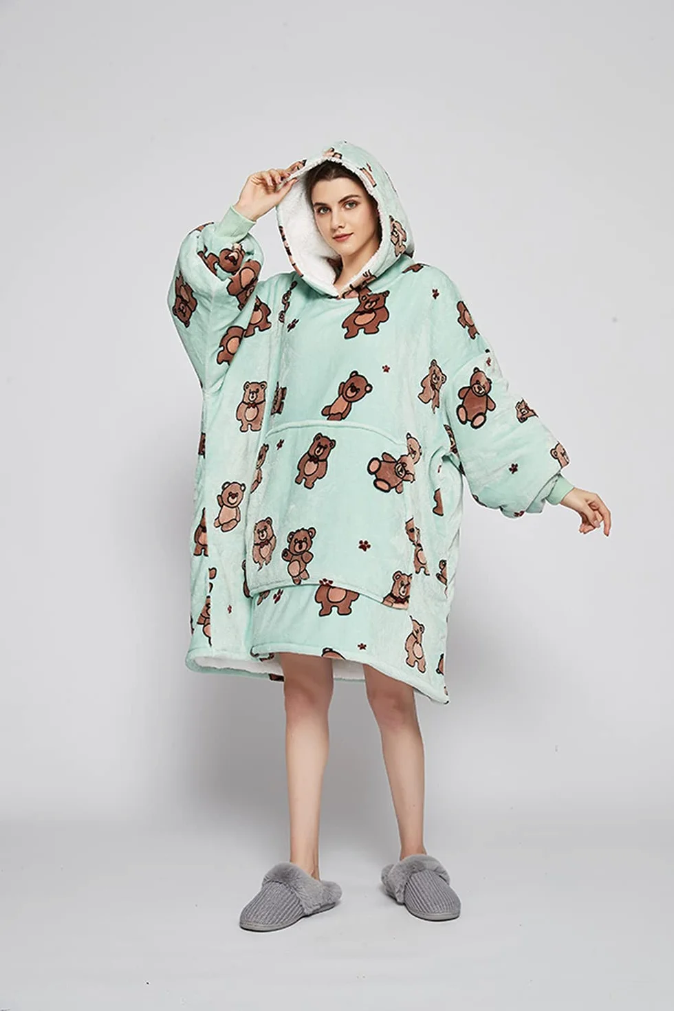 Sacebeleu Koc z kapturem, pluszowy koc Sherpa z rękawami, oversize, sweter z kieszenią typu kangur, flanelowy koc polarowy, rozmiar uniwersalny dla kobiet, mężczyzn