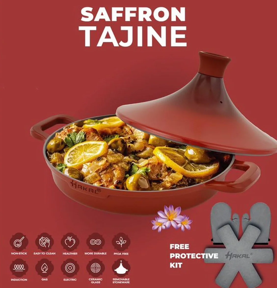 Kook Tajine Saffron 30 cm - Non-stick - PFOA free- nadaje się do wszystkich płyt kuchennych - czerwony wraz z rękawicami kuchennymi i filcem