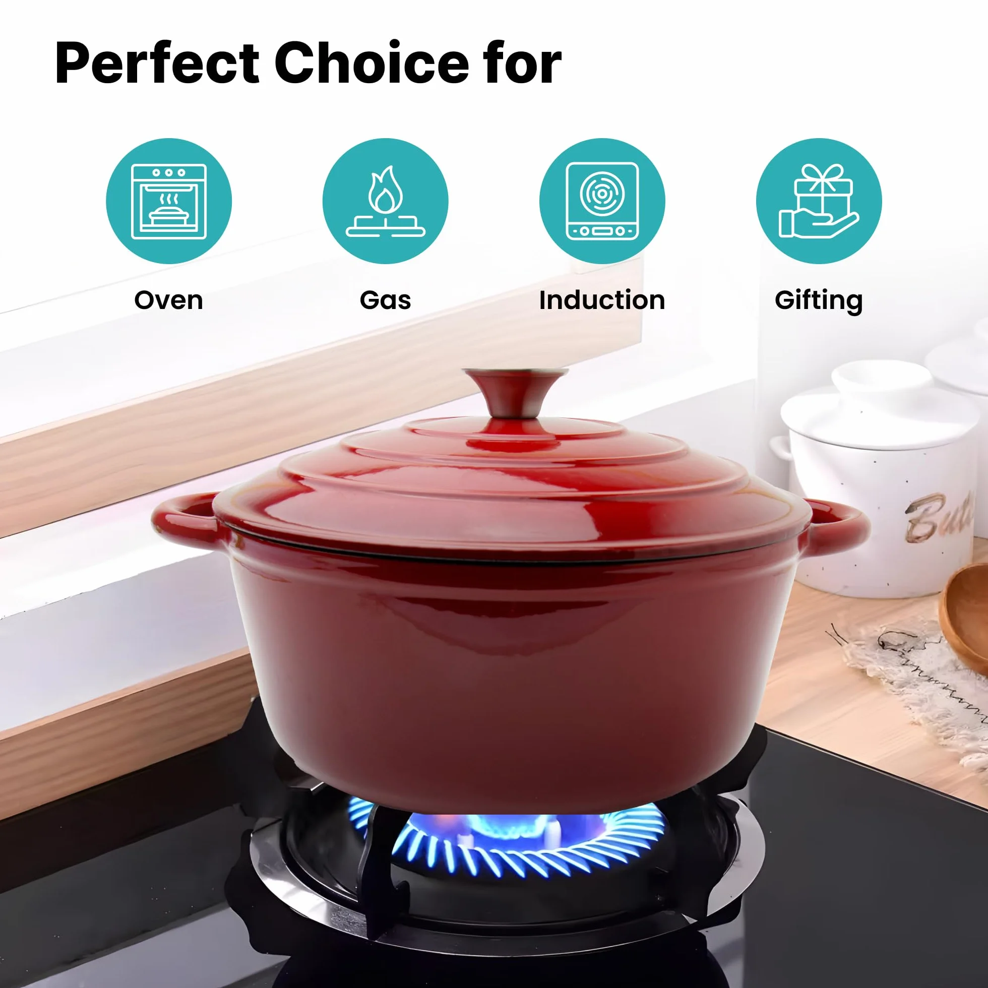 The Better Home Rustykalny żeliwny piec holenderski (5 l) | powlekany emalią Biryani Handi garnek ciężki spód | Handi z pokrywką do gotowania, odporny na rdzę garnek żelazny, naczynia gazowe i