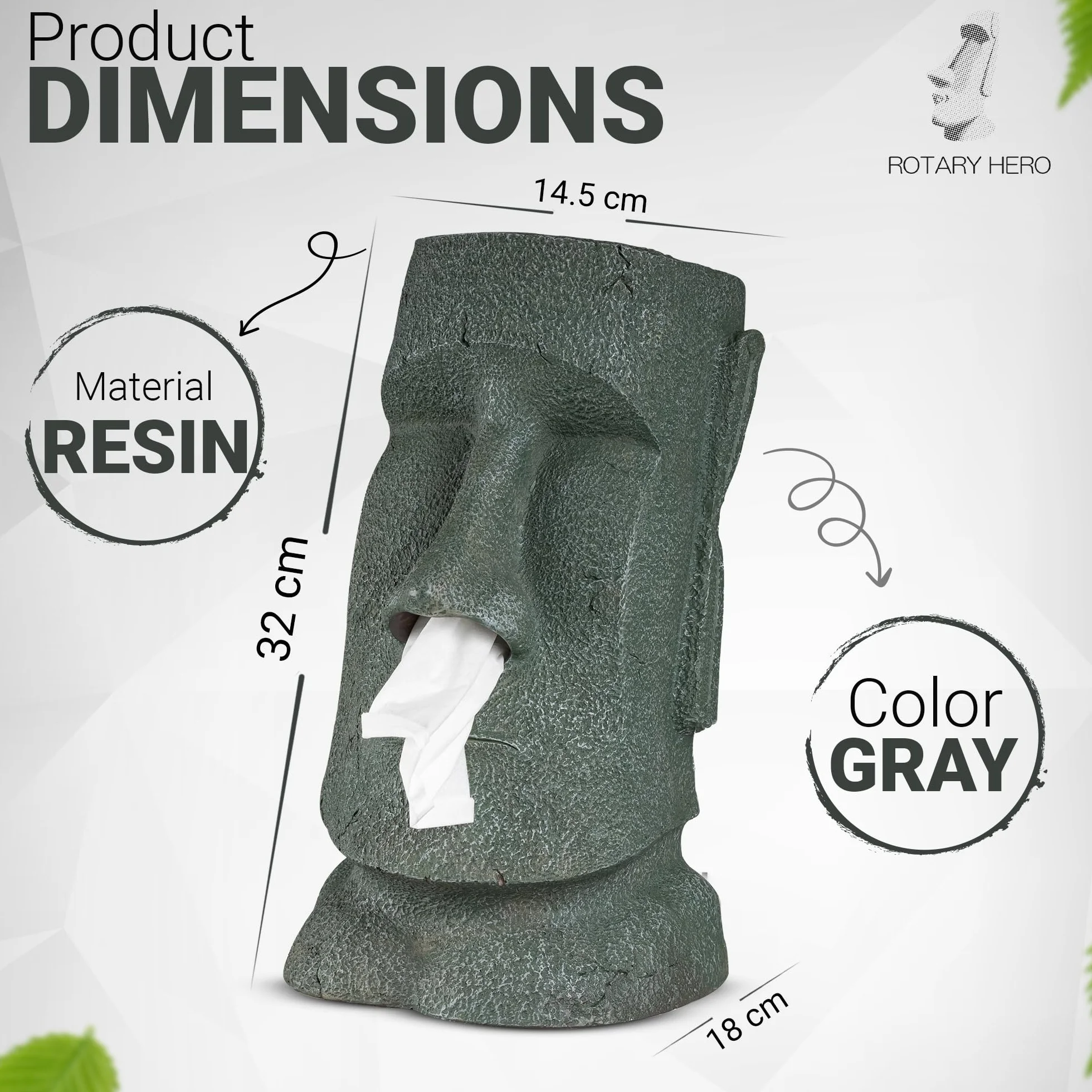Rotary Hero Moai Pudełko Na Chusteczki Higieniczne Dozownik Chusteczek Higienicznych Tworzywo Sztuczne 31,5 x 18 x 19 cm Szare