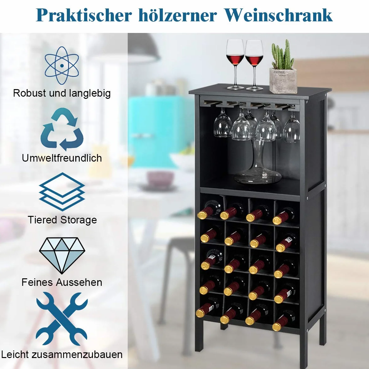 COSTWAY Szafka na wino na 20 butelek, drewniany regał na wino z uchwytem na szkło, regał na butelki, stojak na wino do kuchni, baru, 42 x 24,5 x 96 cm (czarny)