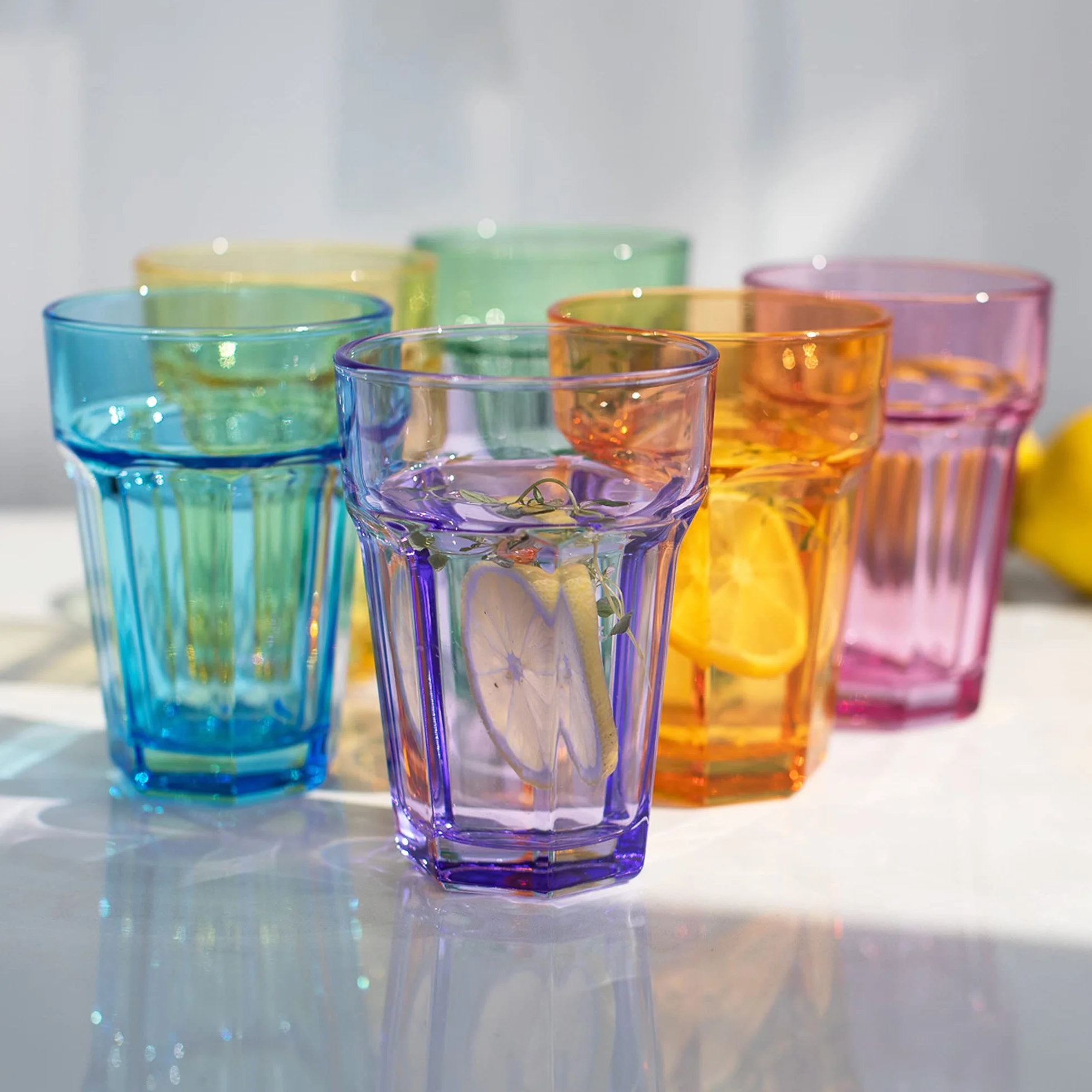 TREND FOR HOME Szklanki do Wody 425 ml Zestaw 6 Kolorowych Szklanek do Wody Napojów Soków Szklanka Wysoka Szklane Kubki do Longdrinków Szklanki Wysokie Styl Retro, Alva