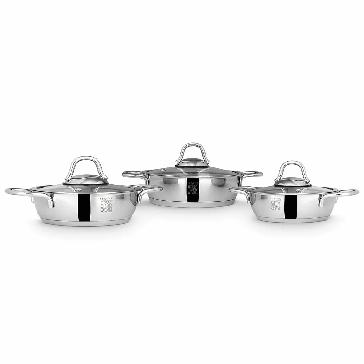 SERENK Bateria kuchenna Indukcja 6 sztuk | 3 rondele + 3 szklane pokrywy | Ø14cm, Ø16cm, Ø18cm | Zestaw garnków ze stali nierdzewnej