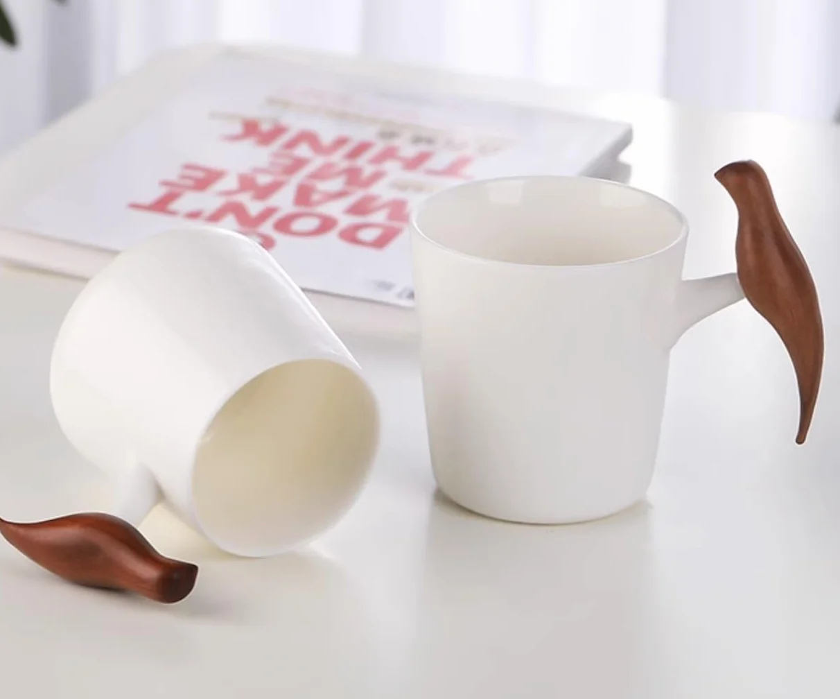 Kubek Filiżanka kawy Filiżanka herbaty, kubek kawy Kubki ceramiczne Nowość Biały ceramiczny kubek do kawy z drewnianym uchwytem w kształcie ptaka Ceramiczny kubek do herbaty Para szklanek Kubki do kaw