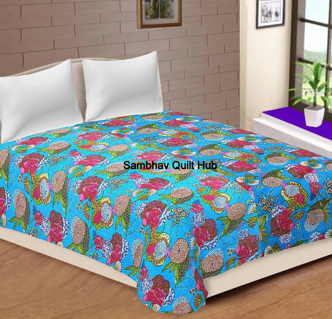 King / Twin Size indyjski owoc dwustronny wzór Gudri czysta bawełna Kantha Style Twin Size Kołdra narzuta na łóżko kwiatowy i owocowy nadruk dekoracyjna kantha Stitch kołdra (turkusowa, 152 x 229 cm)