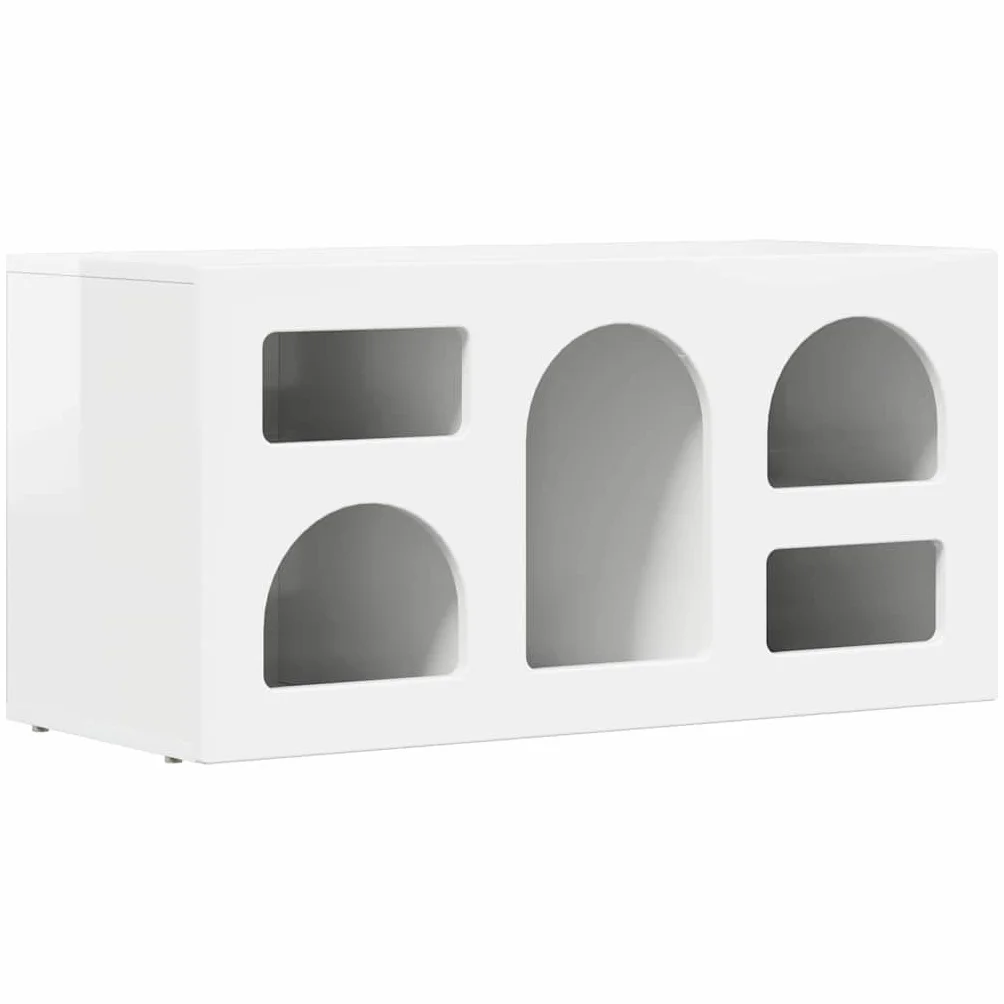 Szafka pod telewizor o wysokim połysku, biała, 80 x 35 x 40 cm, materiał drewnopochodny, konsola medialna z 5 półkami, wytrzymała konstrukcja, do salonu, sypialni, uniwersalna podstawka pod