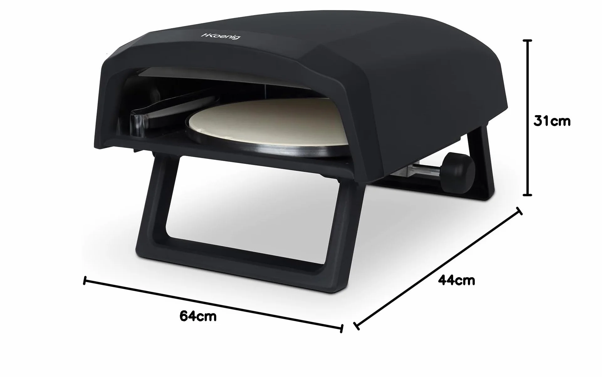 H.Koenig GINO640 piec do pizzy gazowy, stal nierdzewna, 32 cm, powierzchnia obrotowa o 360 stopni, kamień Cordierite, do 500°C, składane nóżki, łopatka do pizzy i regulator