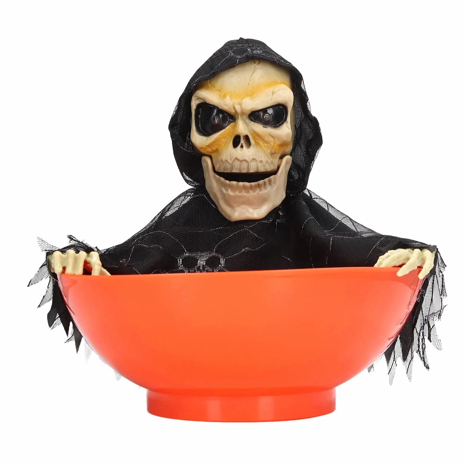 Halloween Candy Bowl z ruchomymi animowanymi cukierkami szkieletowymi, krzyczącym uchwytem na czaszkę i świecącymi oczami dla przerażającego wystroju