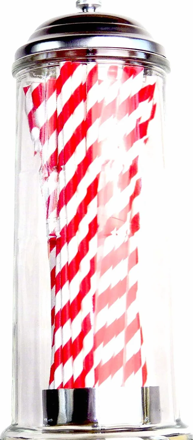 CKB LTD Szklany dozownik słomki w stylu retro, pojemnik na słomkę do picia, zestaw zawiera 50 papierowych słomek w paski, może być również używany jako słoik dezynfekujący, salon fryzjerski