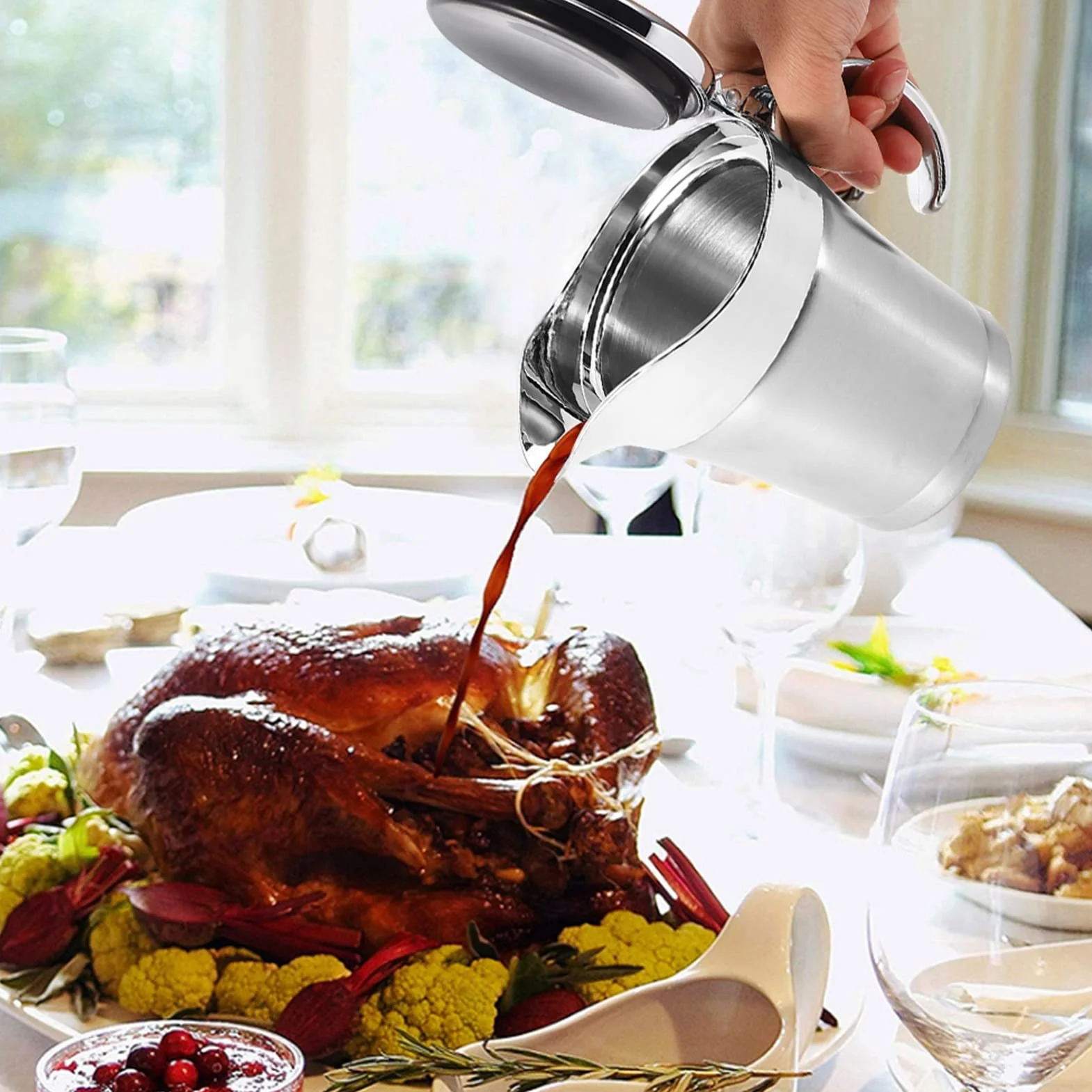 Sosjerka Ze Stali Nierdzewnej, 750ML Podwójnie Izolowana Sosjerka Ze Stali Nierdzewnej O Pojemności 750 Ml Z Pokrywką Na Zawiasach Do Domu I Kuchni
