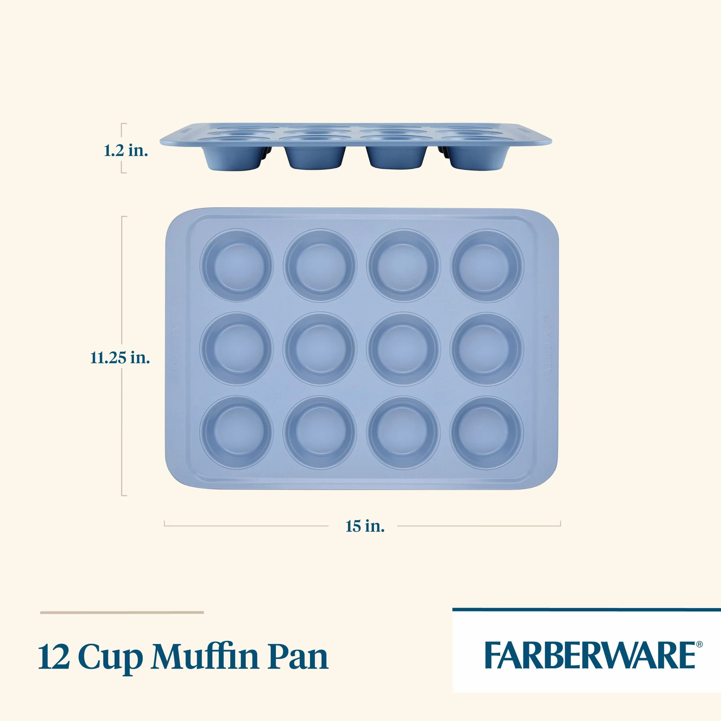 Farberware Easy Solutions nieprzywierająca forma do pieczenia muffinek/babeczek, 12 filiżanek z liniami wypełniającymi - niebieska