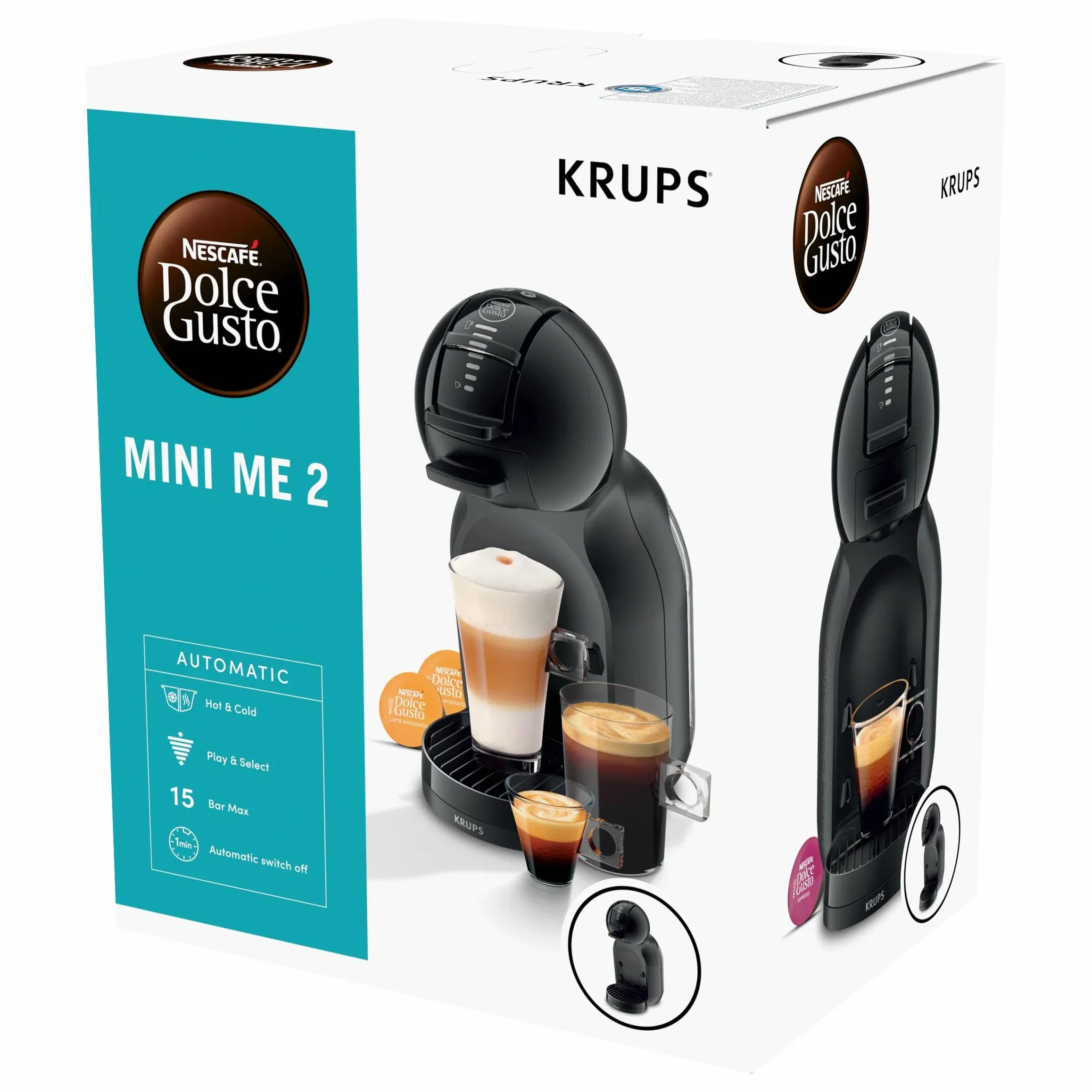Krups Nescafé KP123BAS Dolce Gusto MiniMe, Automatyczny ekspres do kawy na strączki, 15 bar pod ciśnieniem, Pojemność 0,8 l, Kompaktowy, Automatyczne zatrzymywanie, Czarny