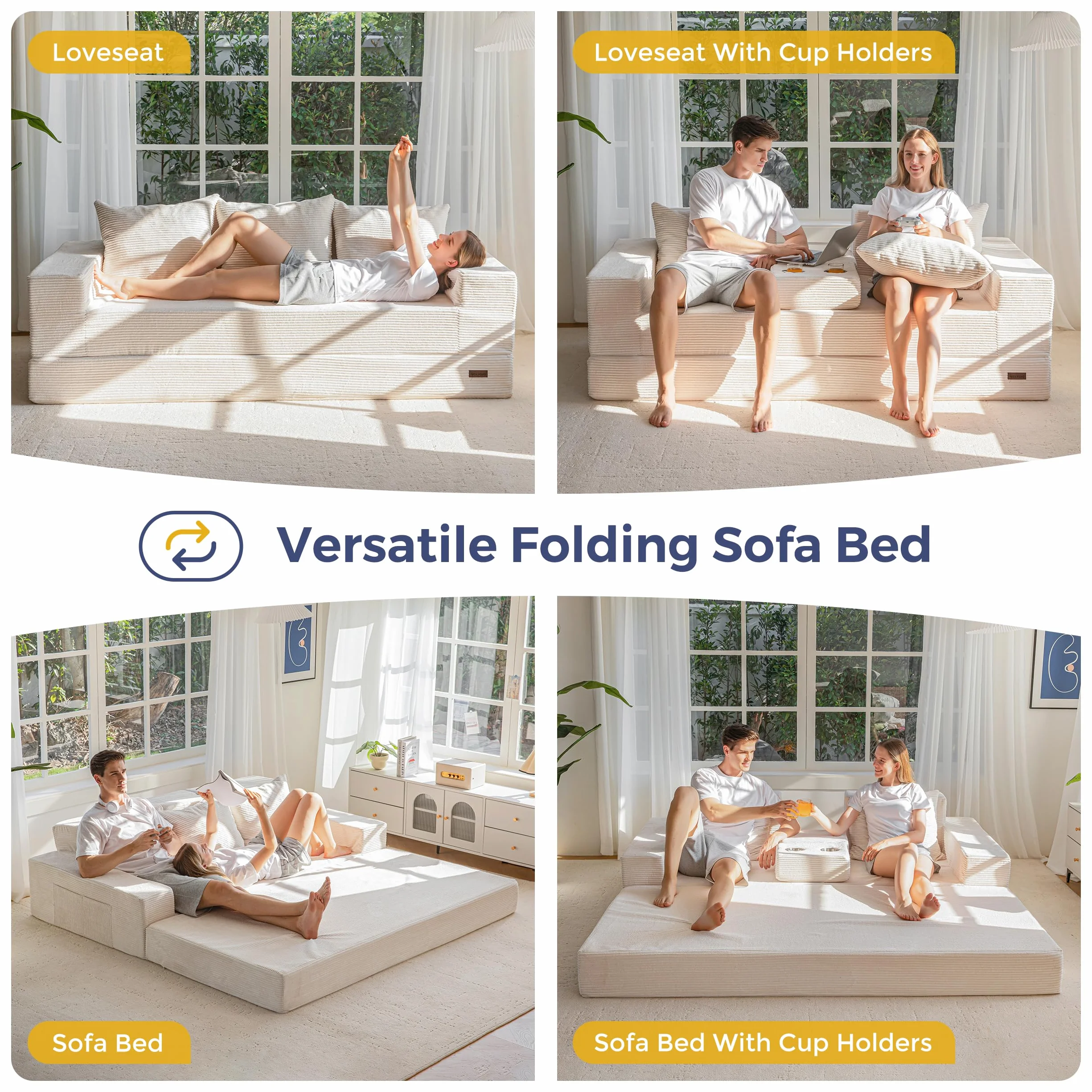 MAXYOYO Rozkładana sofa na łóżko, sofa na podłogę z aksamitkiem, rozkładana sofa z funkcją spania z uchwytem na kubki i poduszką, sofa na ściąganie do salonu, sypialni, pokoju gościnnego