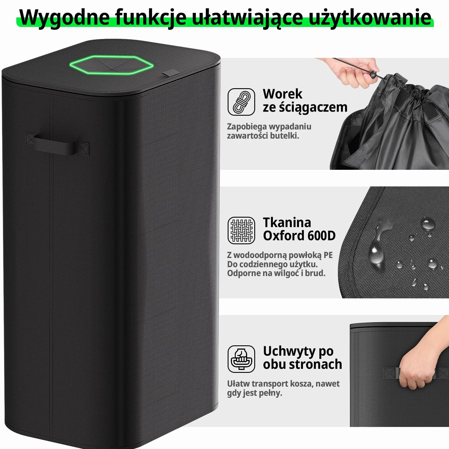 110L Pojemnik na butelki depozytowe z pokrywką, duża torba do przechowywania depozytów, torba na opróżnione butelki z otworem do kuchni i gospodarstwa domowego (Czarny)