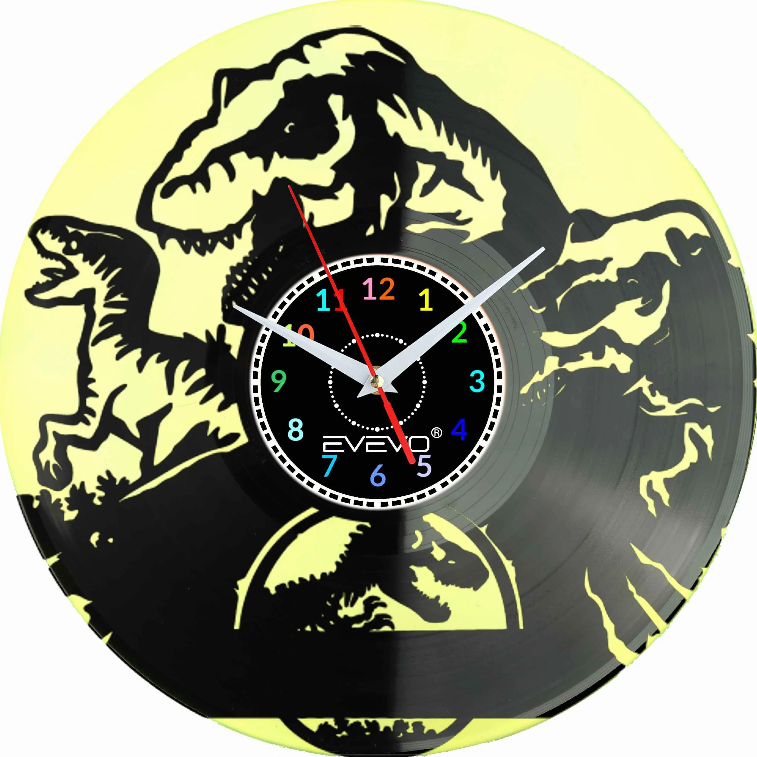 ZEGAR ŚCIENNY DINOZAUR RAPTOR REX GAD PREHISTORYCZNY FLUORESCENCYJNE TŁO PŁYTA WINYLOWA PREZENT UPOMINEK SOUVENIR EVEVO F0070