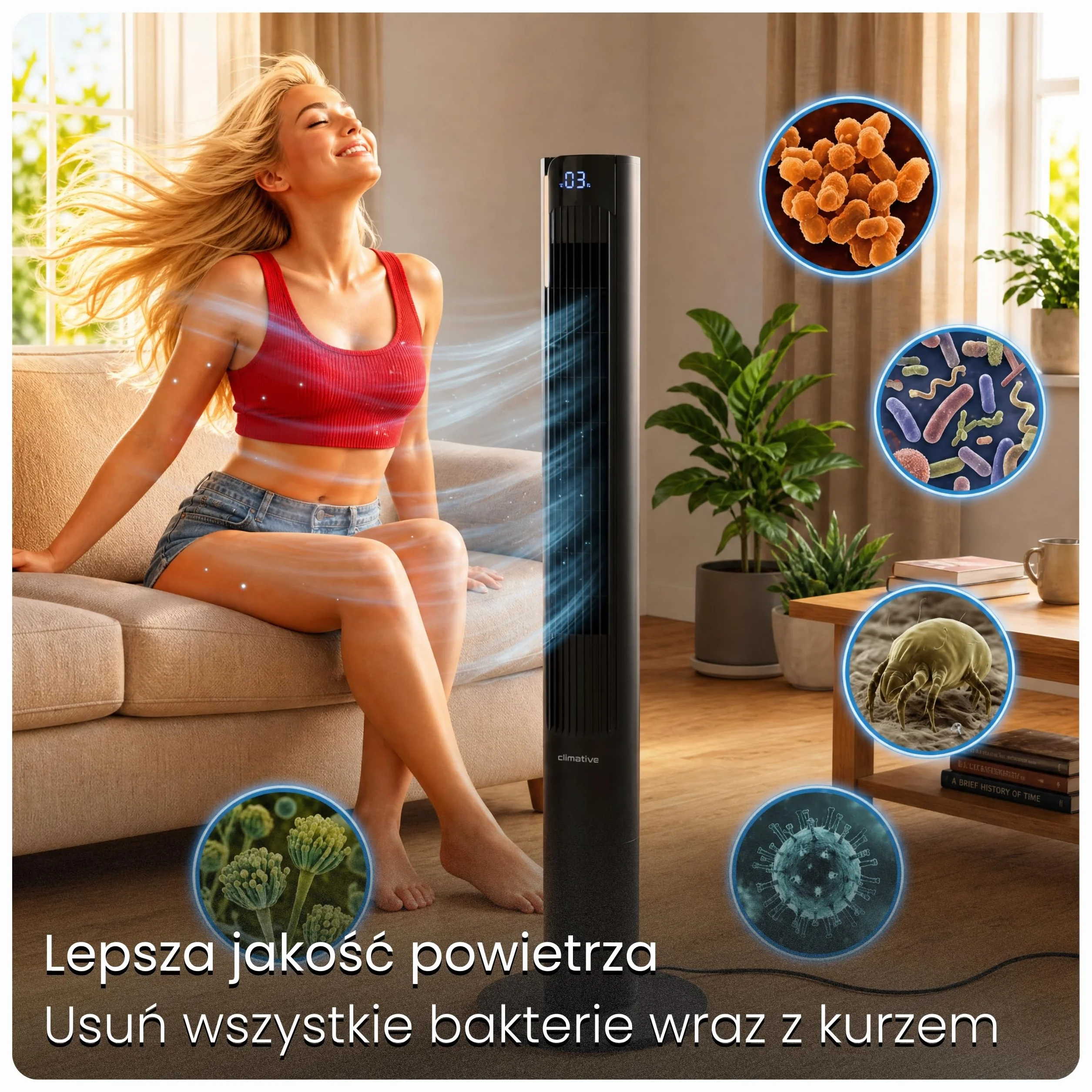 Wentylator kolumnowy 115cm WiFi Tuya, Jonizator i Pojemnik na zapach, Potężny wiatr 8,5m/s, Lampka nocna, Oscylacja, Timer 12h, Wyświetlacz LED, Cichy wentylator stojący, Czarny