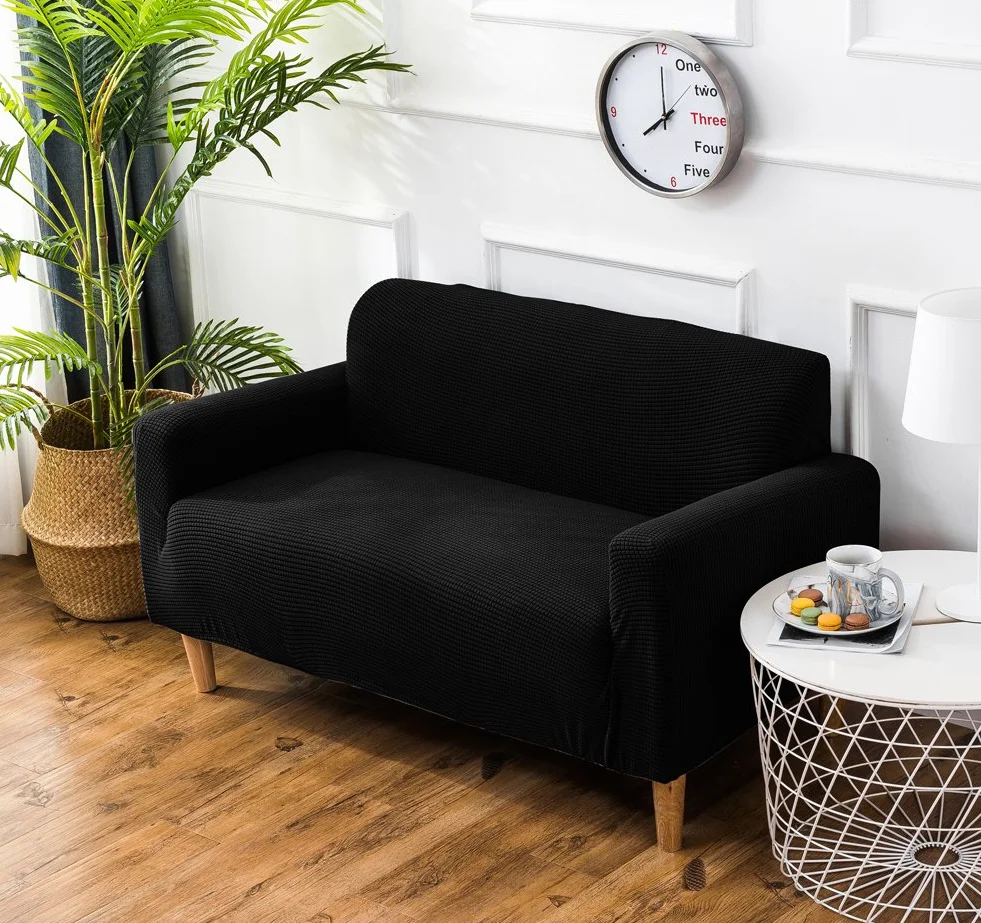 Grube pokrowce na sofę 1 2-3-4-osobowa żakardowa sofa pokrowiec antypoślizgowy łatwe dopasowanie dziewiarski poliester spandex tkanina stretch wszystkie pory roku ochraniacz na kanapę (2-osobowa: 140-185 cm, czarny)