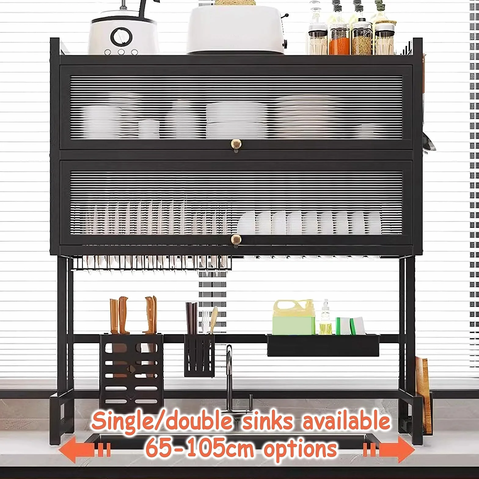 3 Poziomy Suszarka do Naczyń do Zlewu z Akrylowymi Drzwiczkami i Przyssawkami Duża Ociekacz do Naczyń Stal Węglowa Organizer do Zlewu Kuchennego(Black,75 * 28 * 102cm)