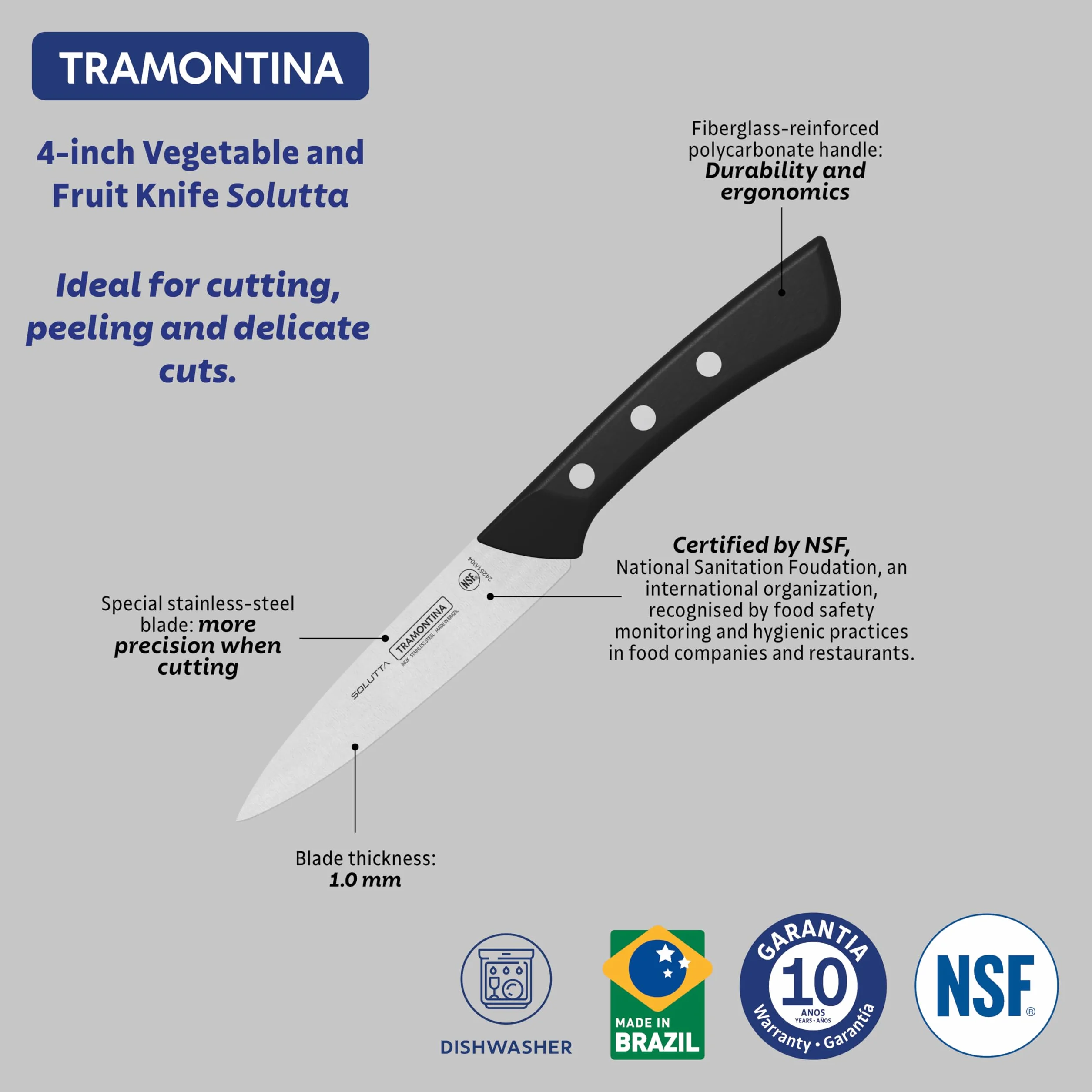Tramontina Solutta nóż kuchenny 10 cm, nóż kuchenny ze stali nierdzewnej, nóż uniwersalny, ergonomiczny uchwyt, certyfikat NSF, nadaje się do mycia w zmywarce, precyzyjny i ostry