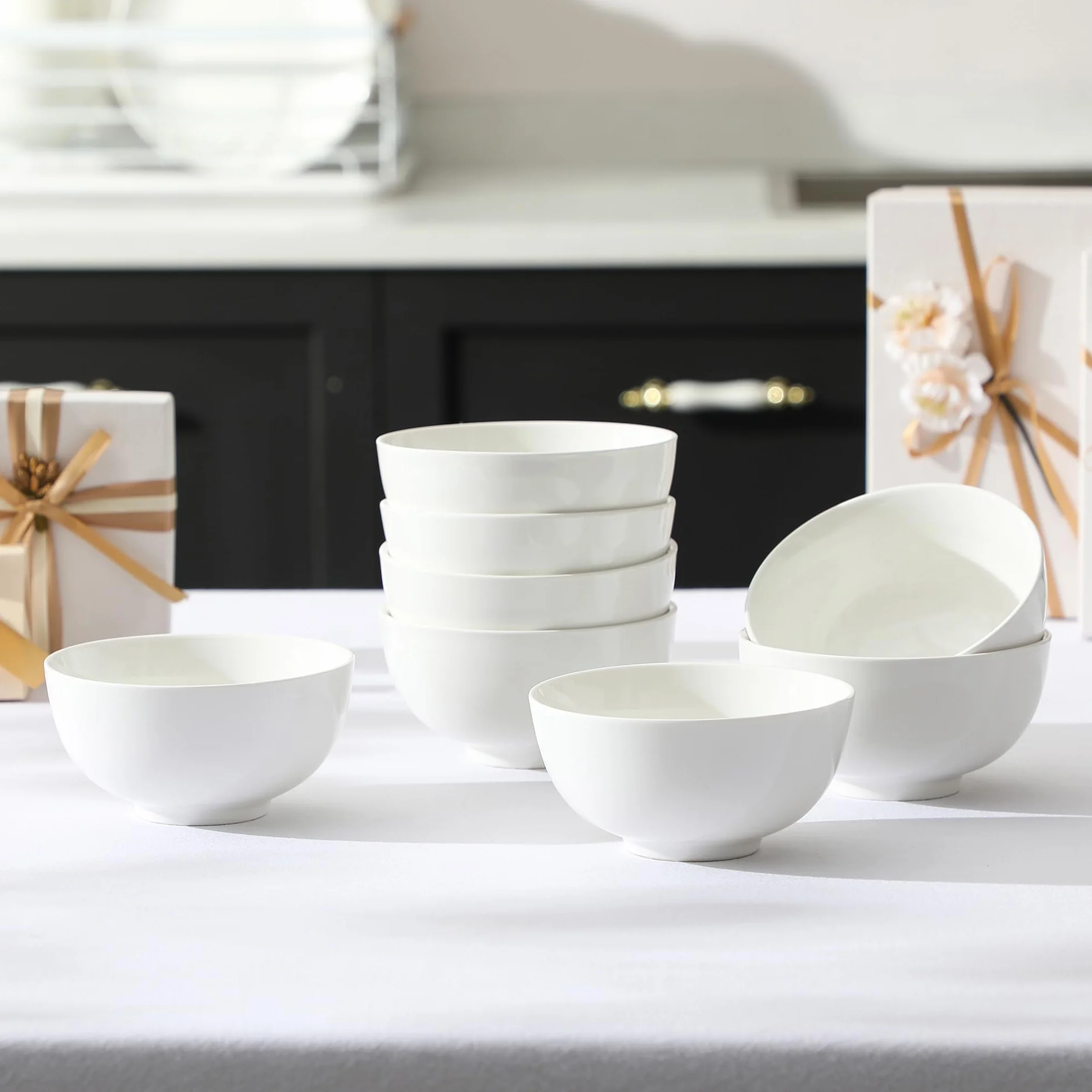 MALACASA, Seria regularna, zestaw 8 szt. 12,5 x 12,5 x 6,5/440 ml kremowo-biała porcelana miska do ryżu zupy zestaw misek na musli