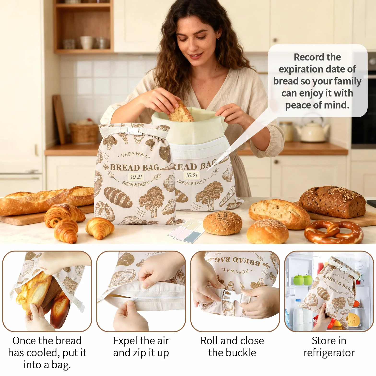 2 worki na chleb z wosku pszczelego, 43 cm x 33 cm, wielokrotnego użytku, lniane torebki na chleb chrupki, do przechowywania chleba (styl 1)