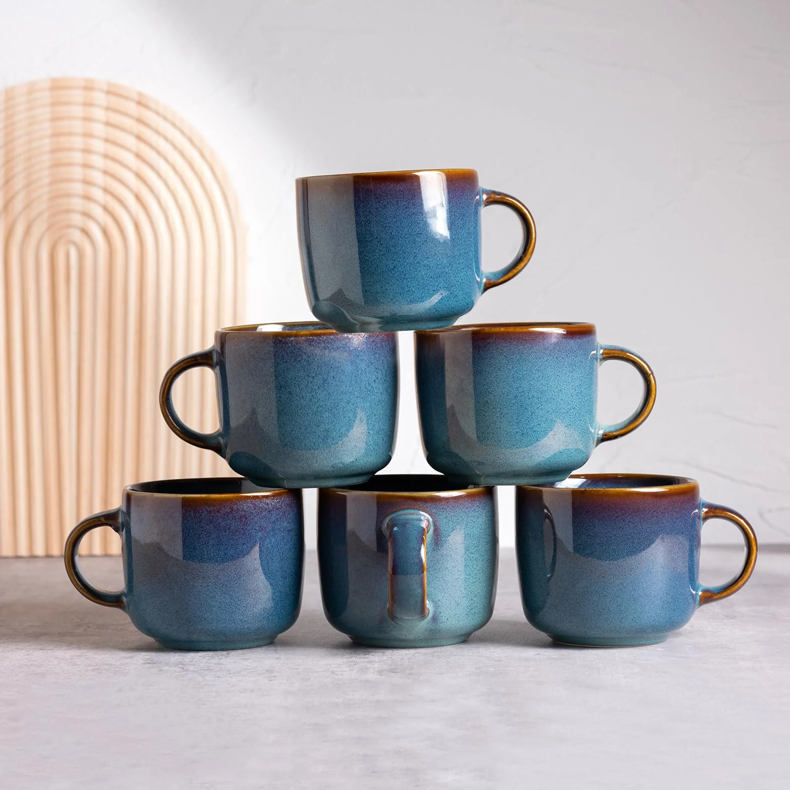 6-częściowy zestaw kubków do kawy, ceramiczne filiżanki do herbaty, wielofunkcyjne, odporne na zmywarkę i kuchenkę mikrofalową, kubek do kawy 360 ml, niebieski kubek kawowy